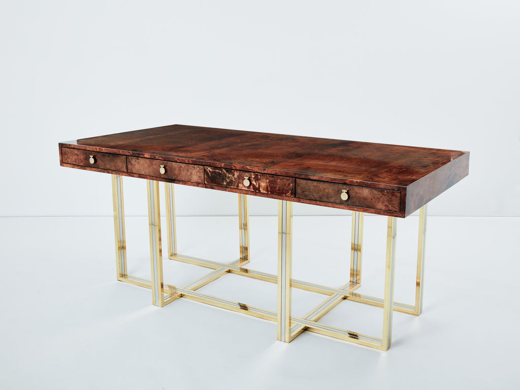 Aldo Tura large desk brown goatskin parchment brass chrome 1960s