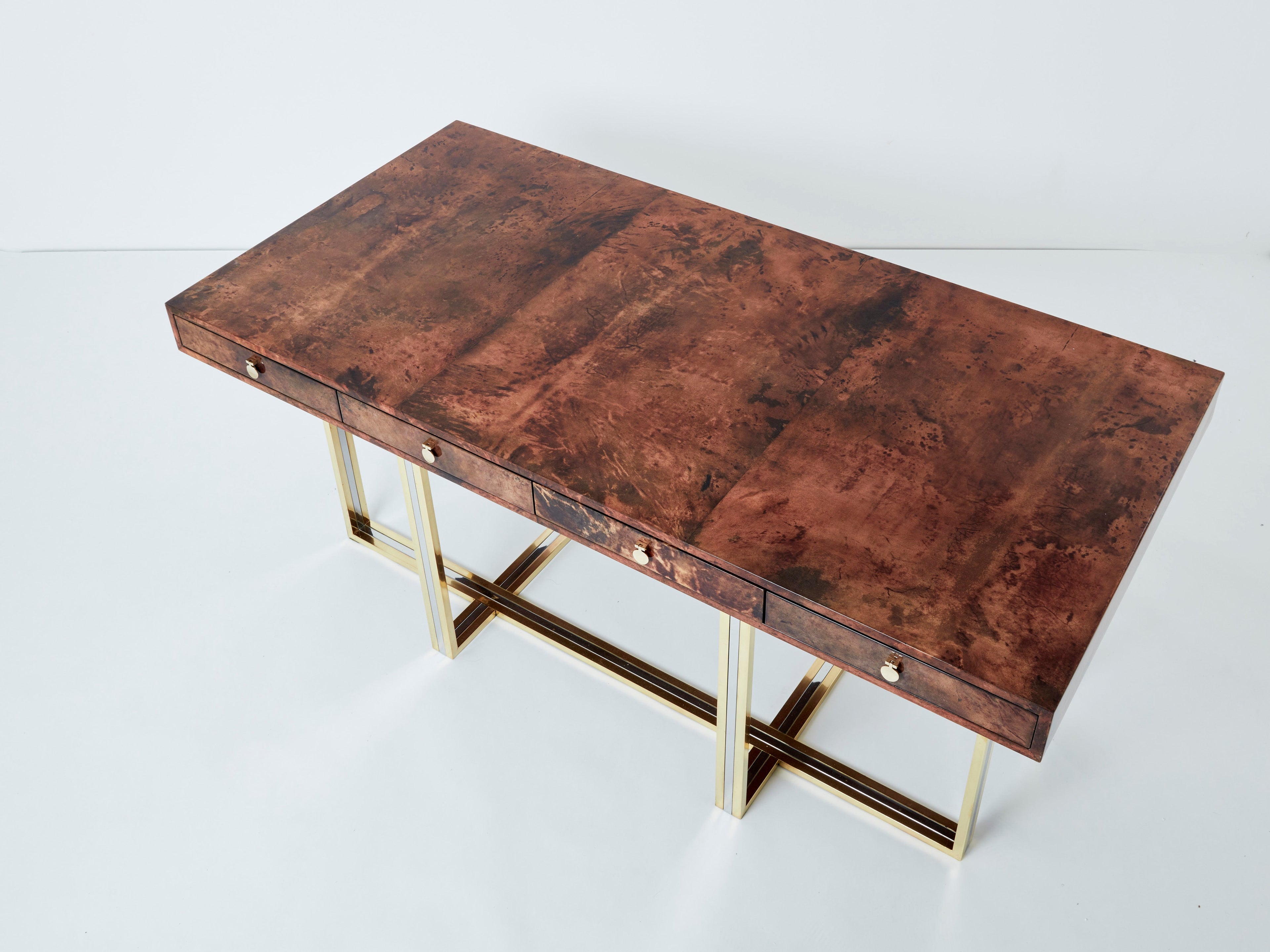 Aldo Tura large desk brown goatskin parchment brass chrome 1960s