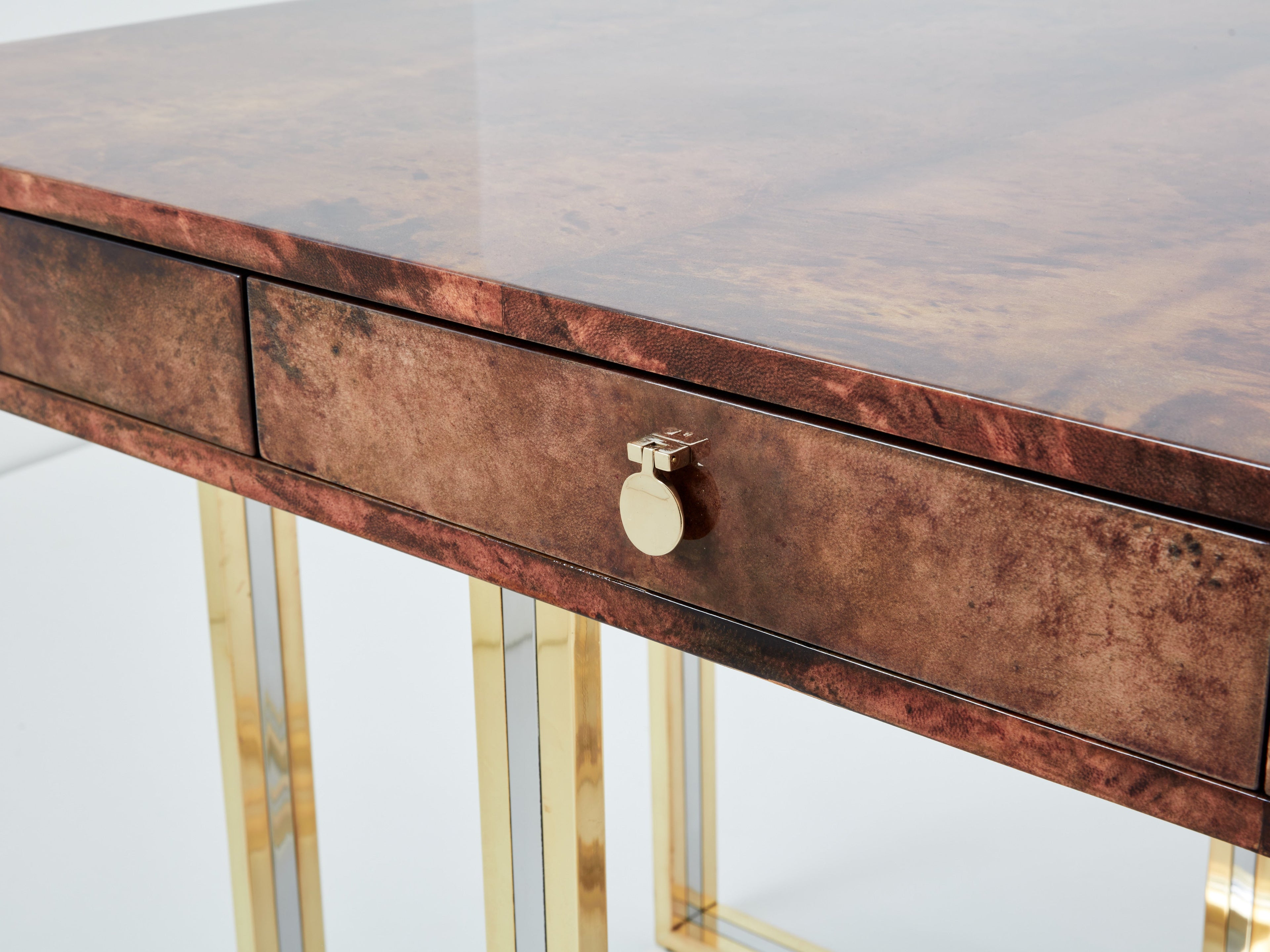 Aldo Tura large desk brown goatskin parchment brass chrome 1960s