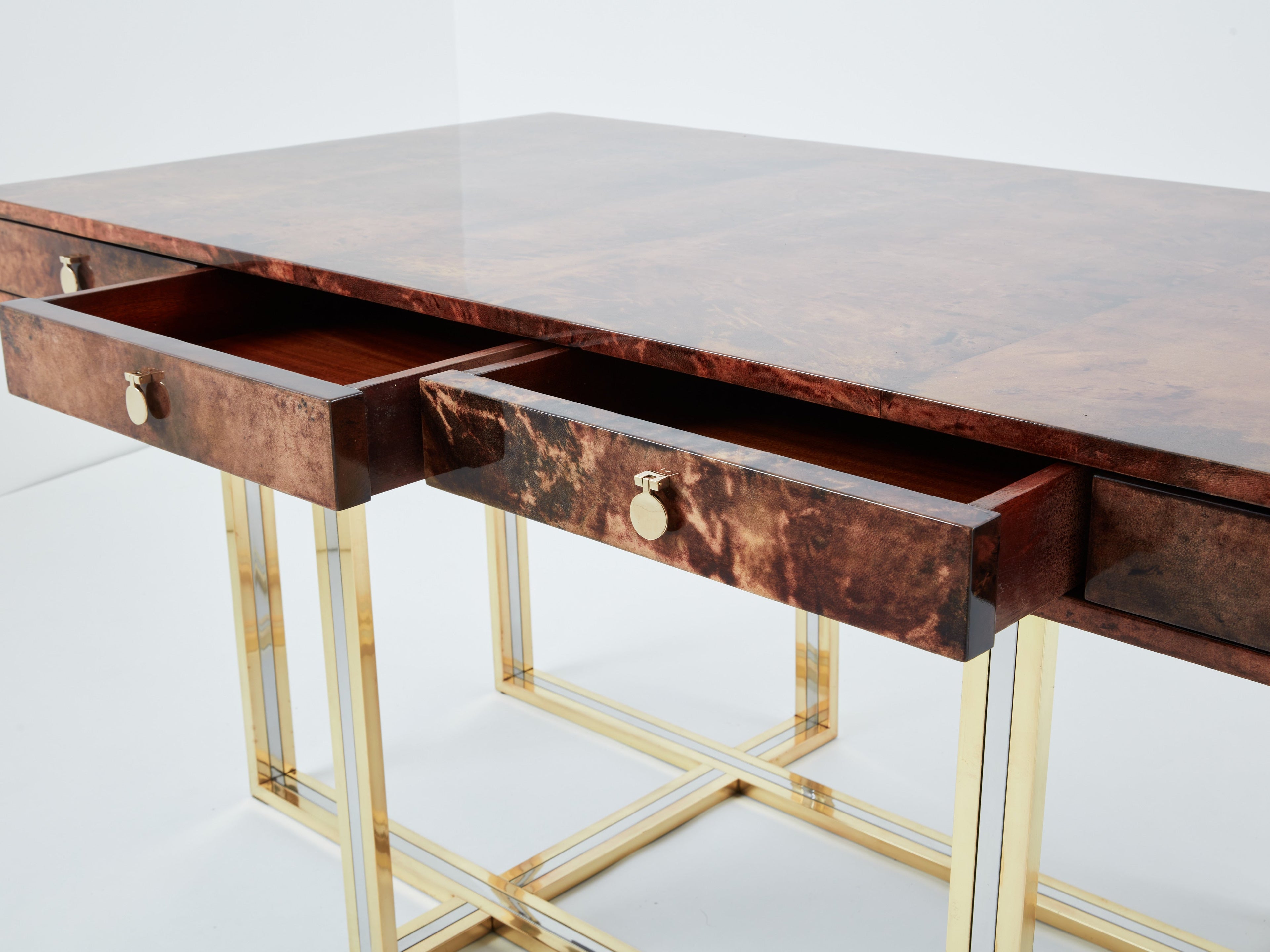 Aldo Tura large desk brown goatskin parchment brass chrome 1960s