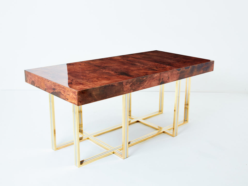 Aldo Tura large desk brown goatskin parchment brass chrome 1960s