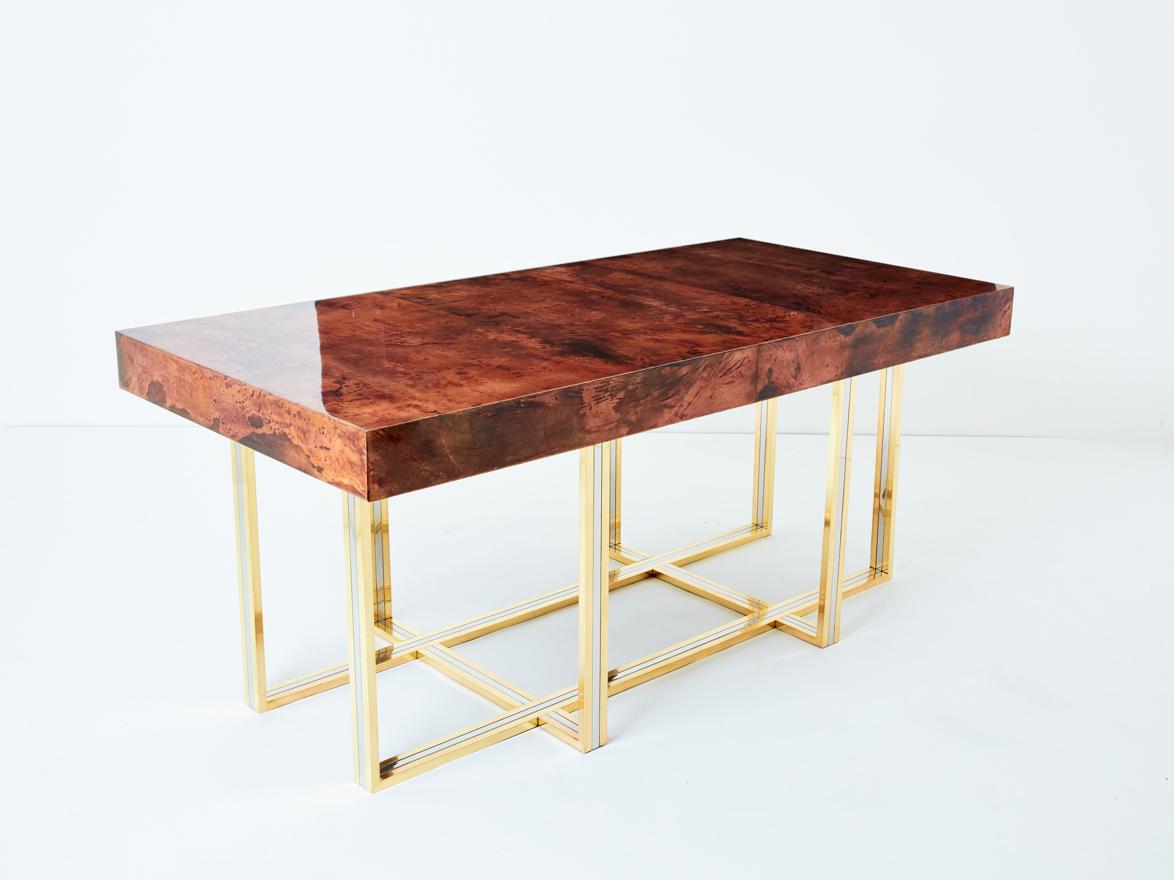 Aldo Tura large desk brown goatskin parchment brass chrome 1960s
