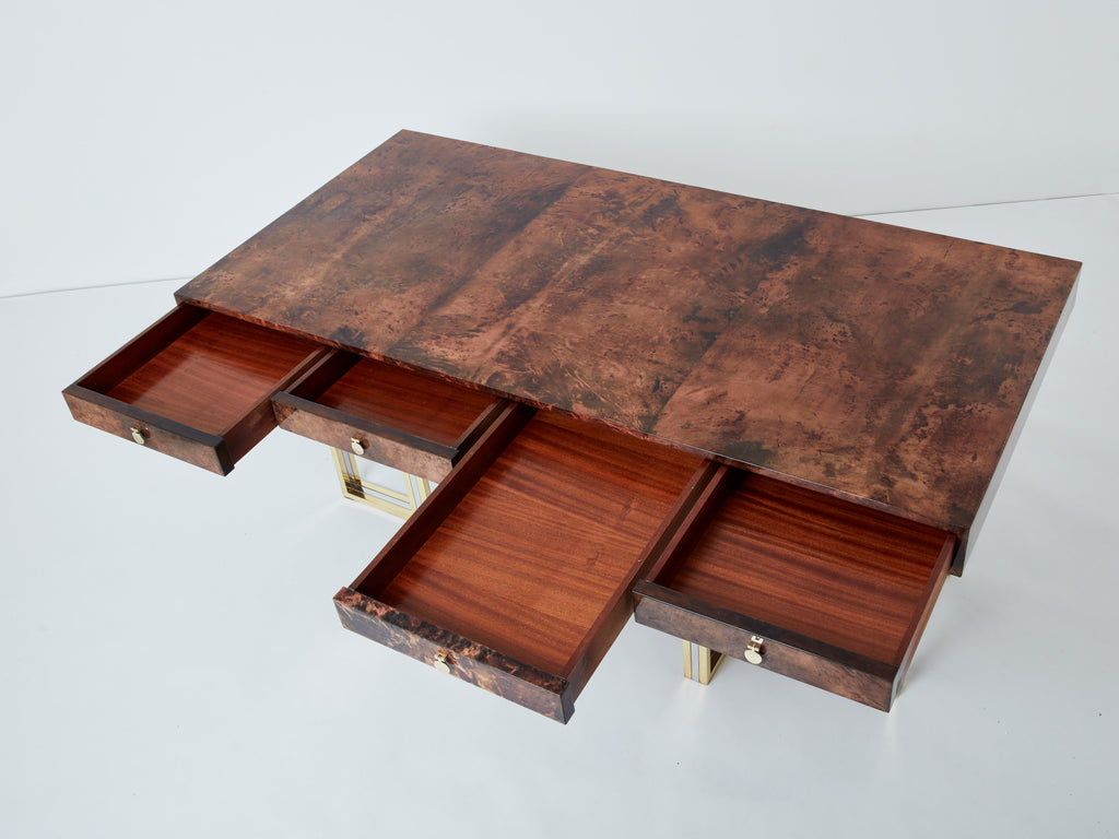 Aldo Tura large desk brown goatskin parchment brass chrome 1960s