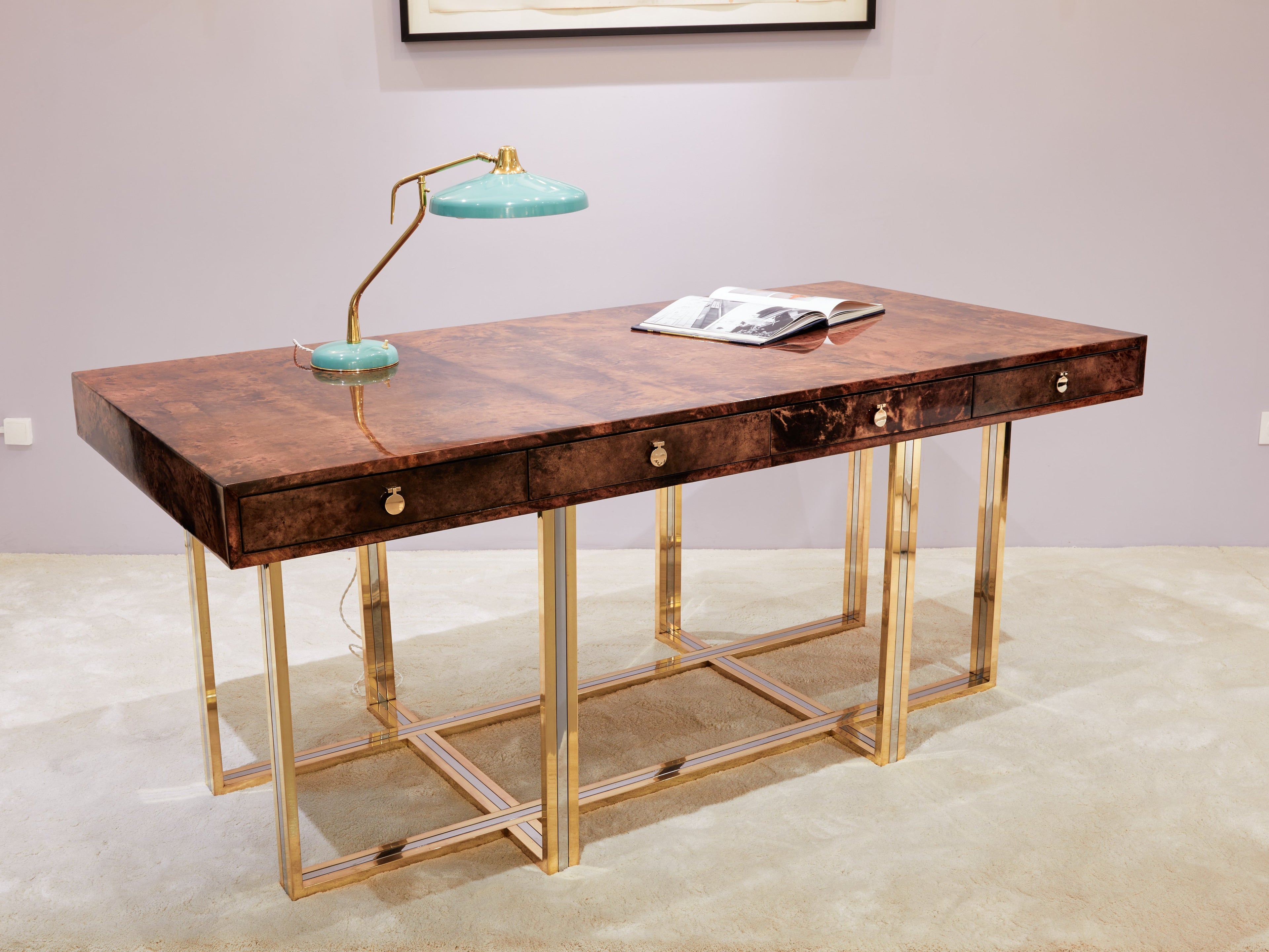 Aldo Tura large desk brown goatskin parchment brass chrome 1960s