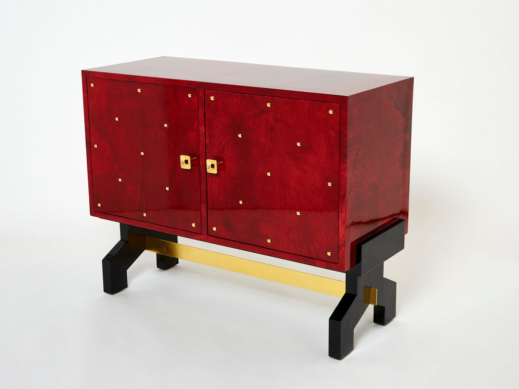 Aldo Tura red goatskin parchment brass cabinet bar 1960s