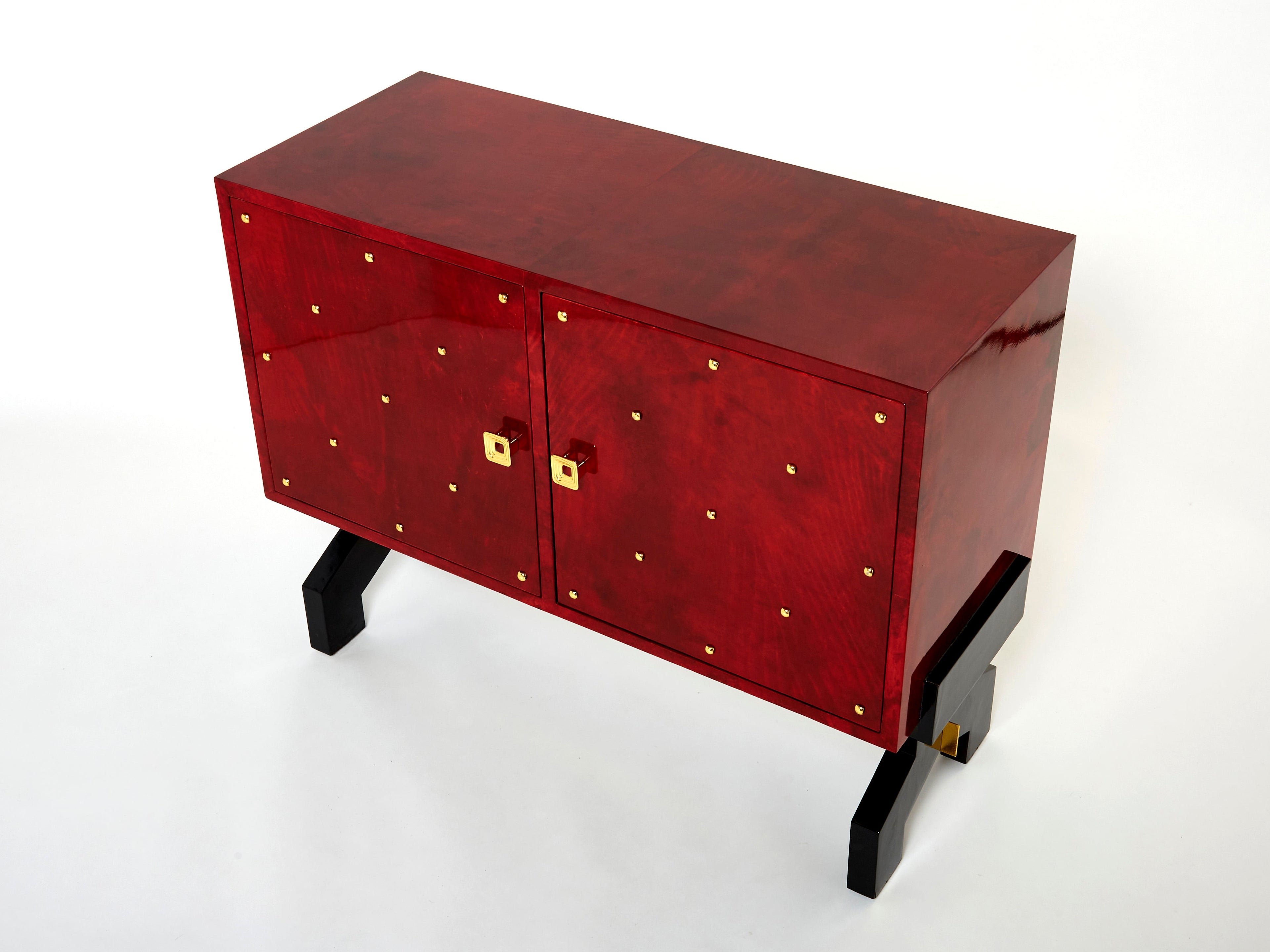 Aldo Tura red goatskin parchment brass cabinet bar 1960s