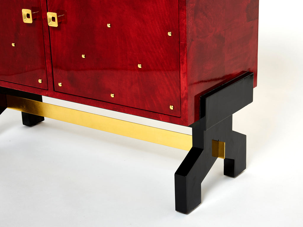Aldo Tura red goatskin parchment brass cabinet bar 1960s