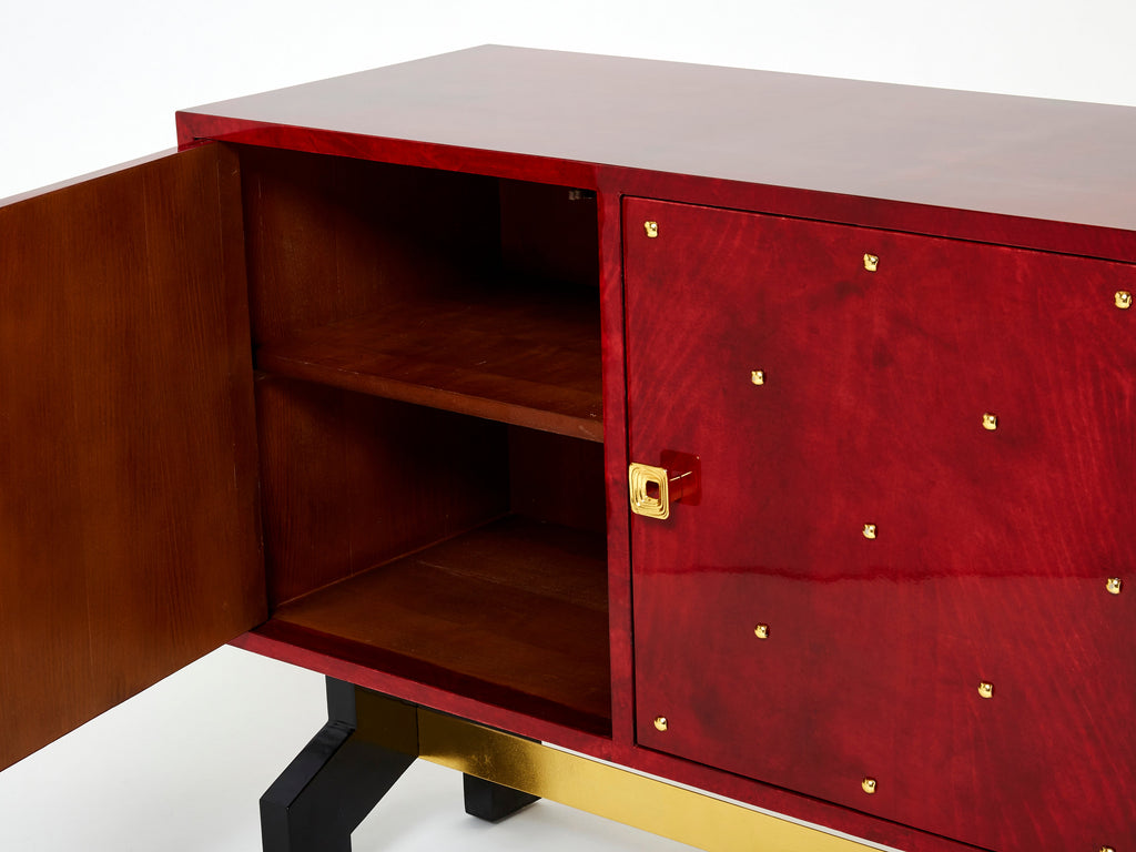 Aldo Tura red goatskin parchment brass cabinet bar 1960s
