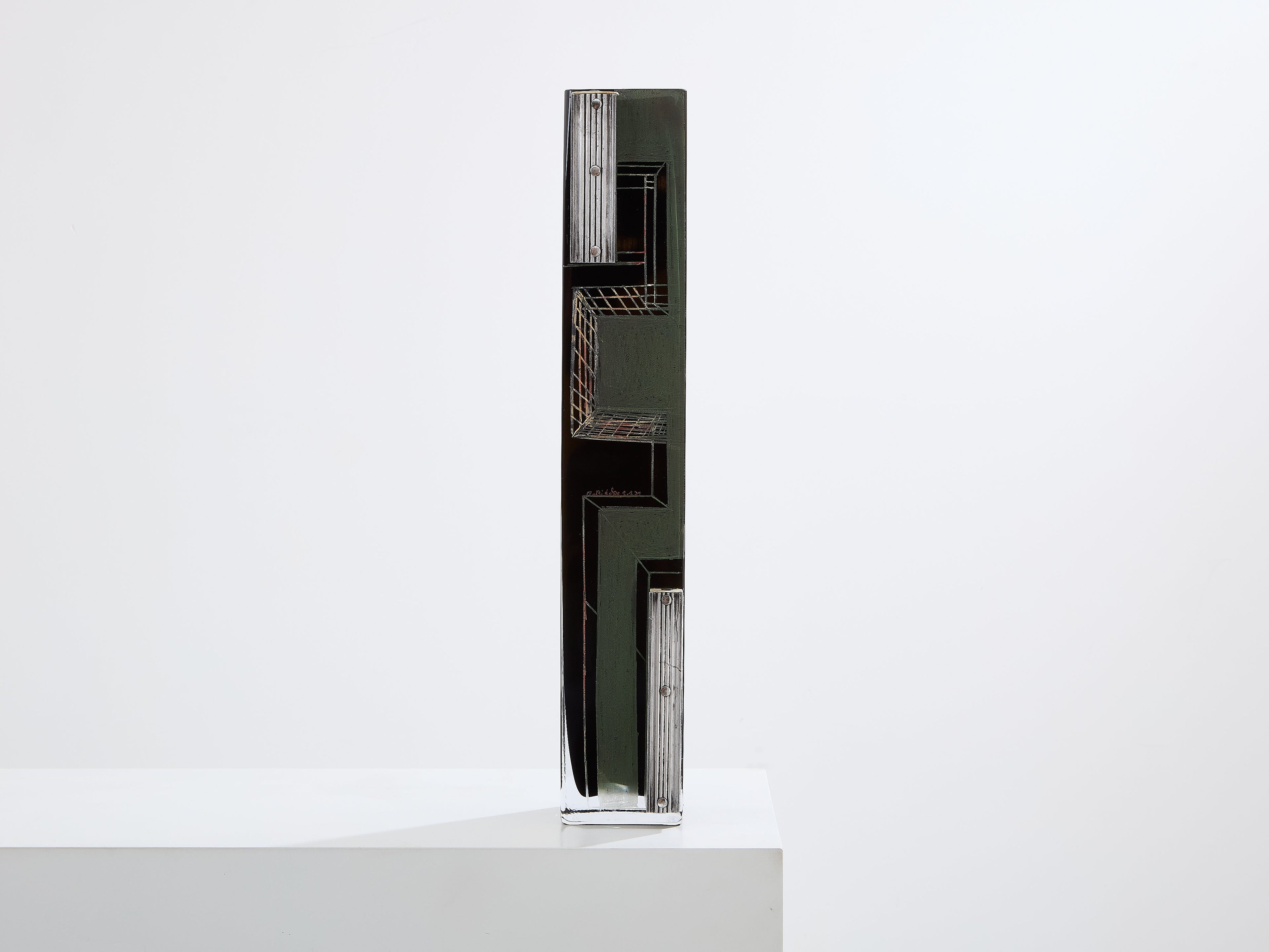 Anatole Riecke Art Deco tall black opaline glass green vase 1939