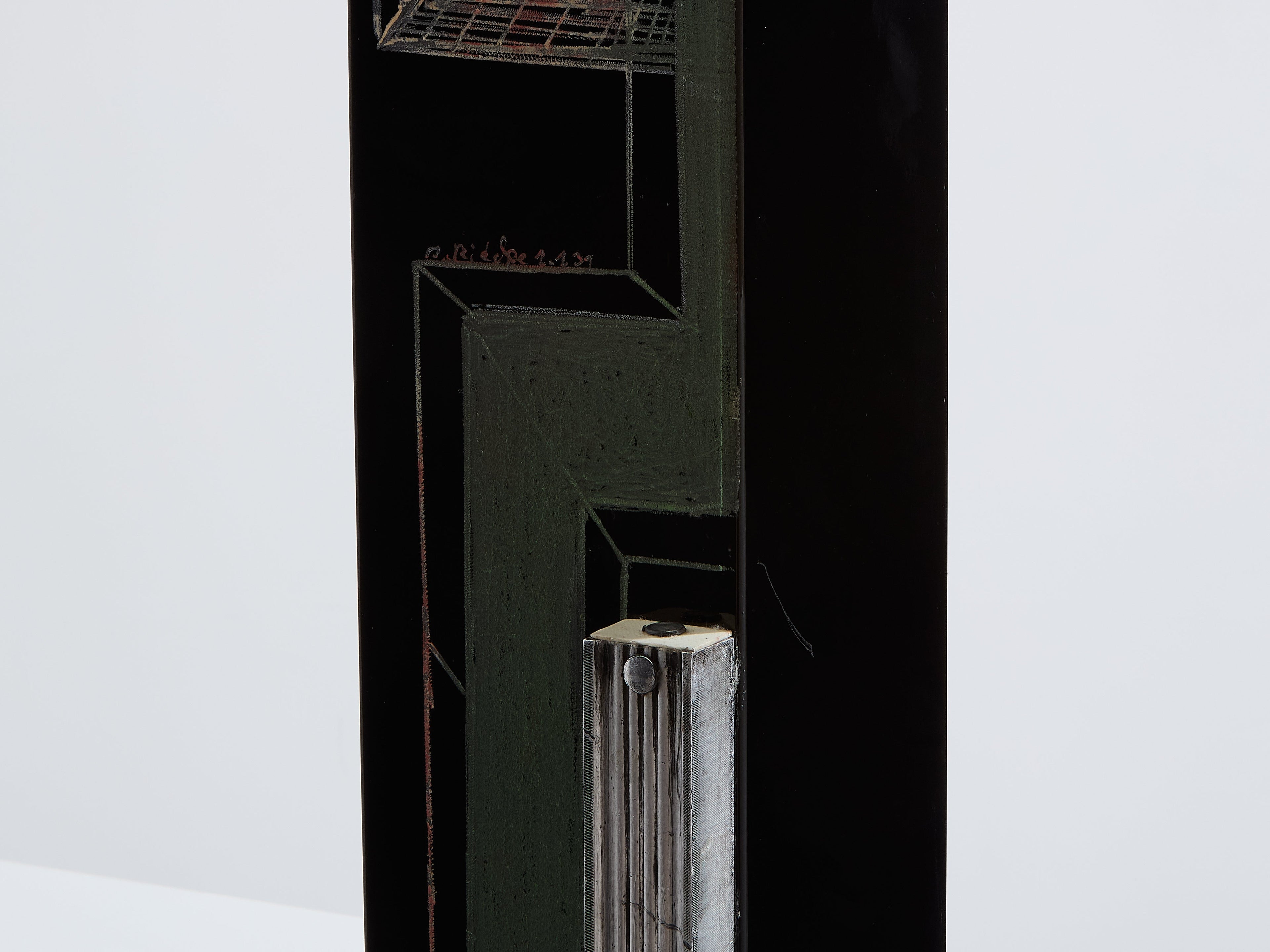 Anatole Riecke Art Deco tall black opaline glass green vase 1939