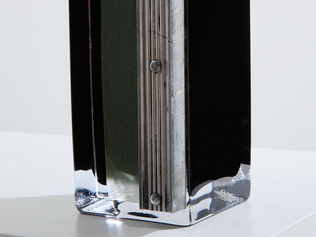 Anatole Riecke Art Deco tall black opaline glass green vase 1939