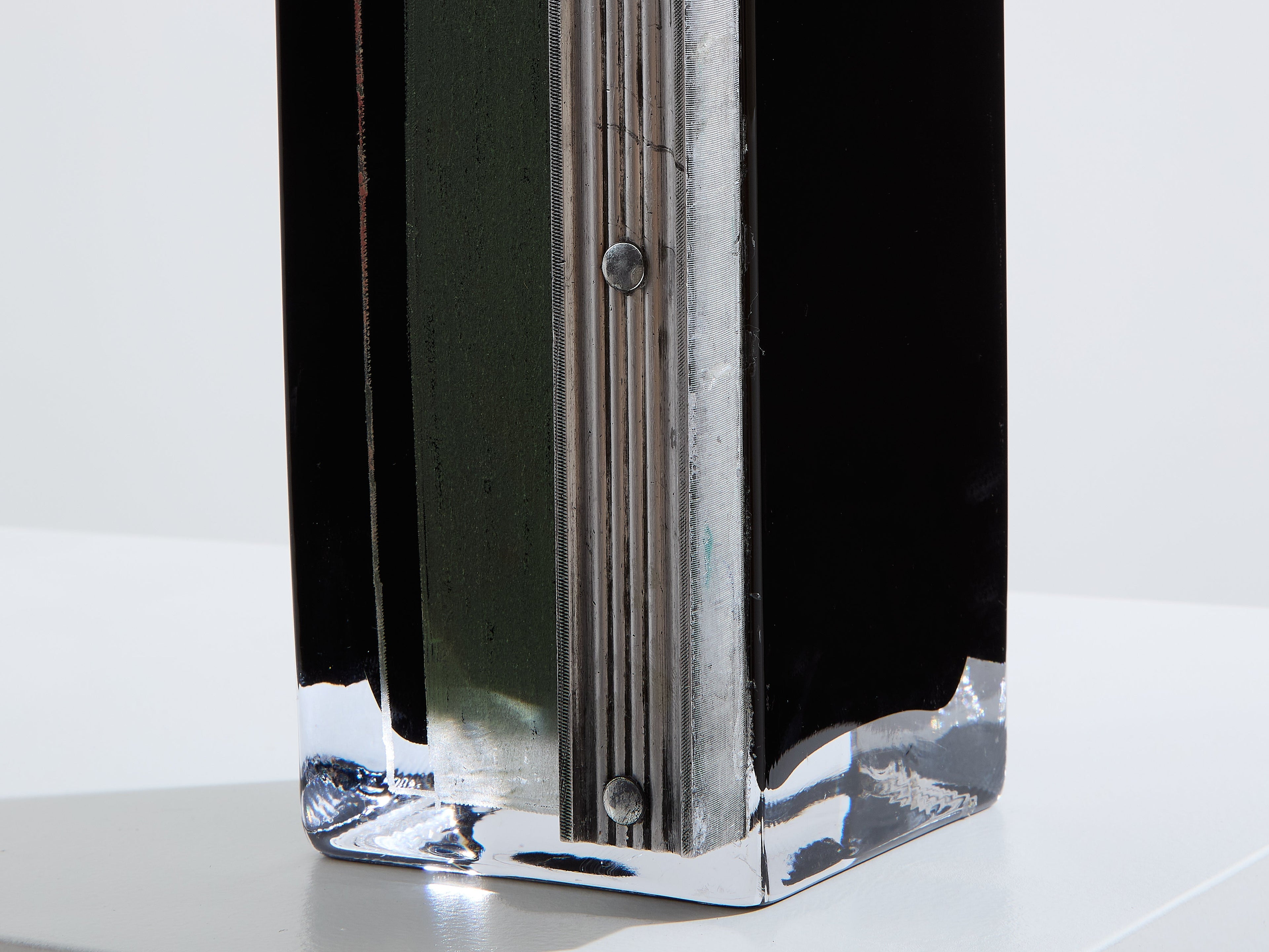 Anatole Riecke Art Deco tall black opaline glass green vase 1939