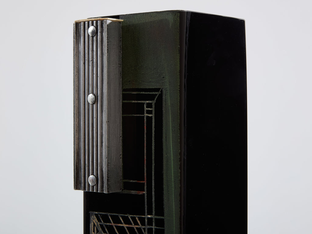 Anatole Riecke Art Deco tall black opaline glass green vase 1939