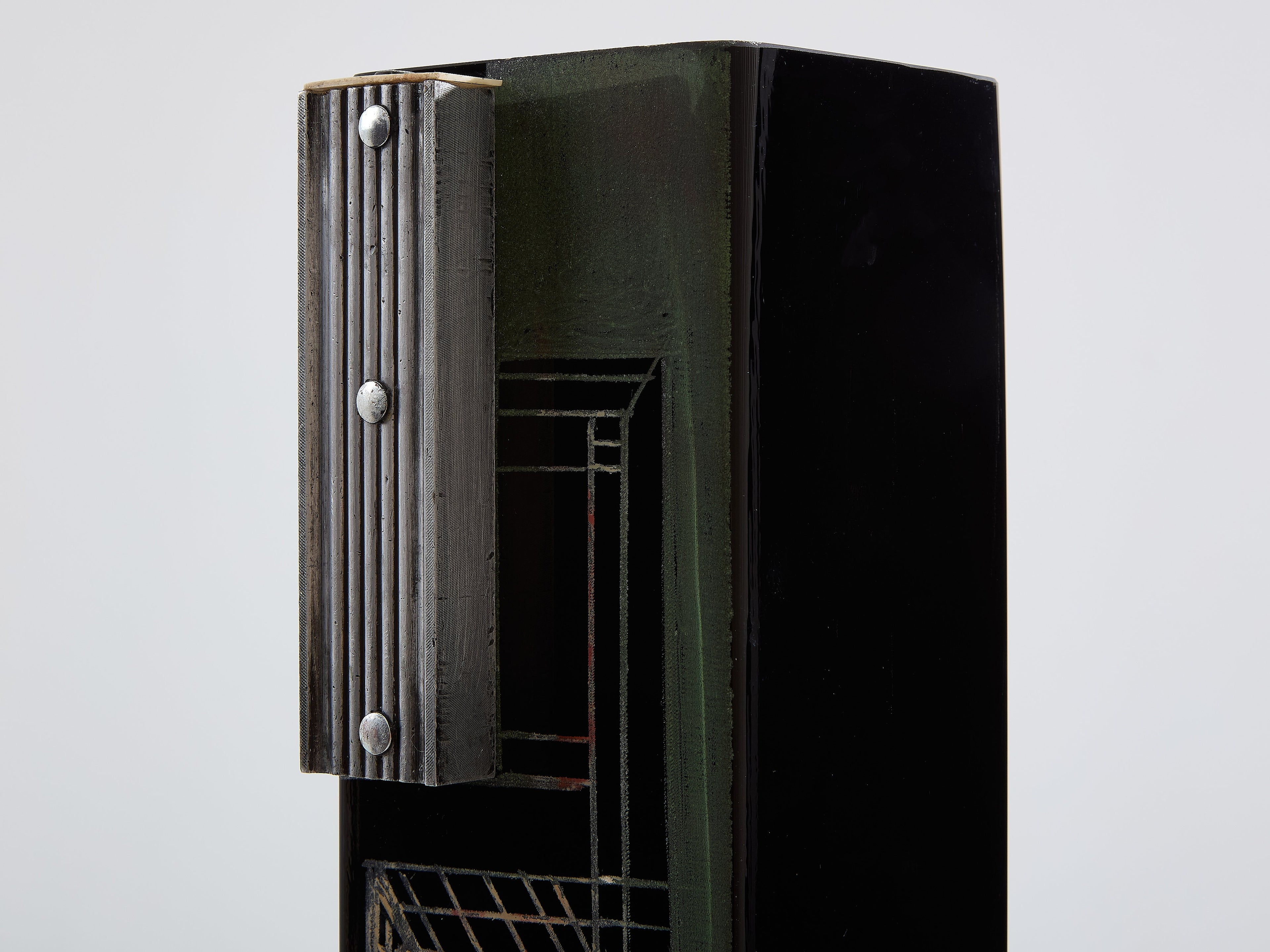 Anatole Riecke Art Deco tall black opaline glass green vase 1939
