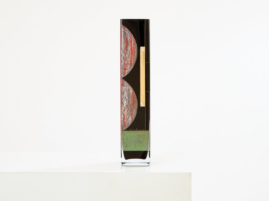 Anatole Riecke Art Deco tall black opaline glass red green vase 1946