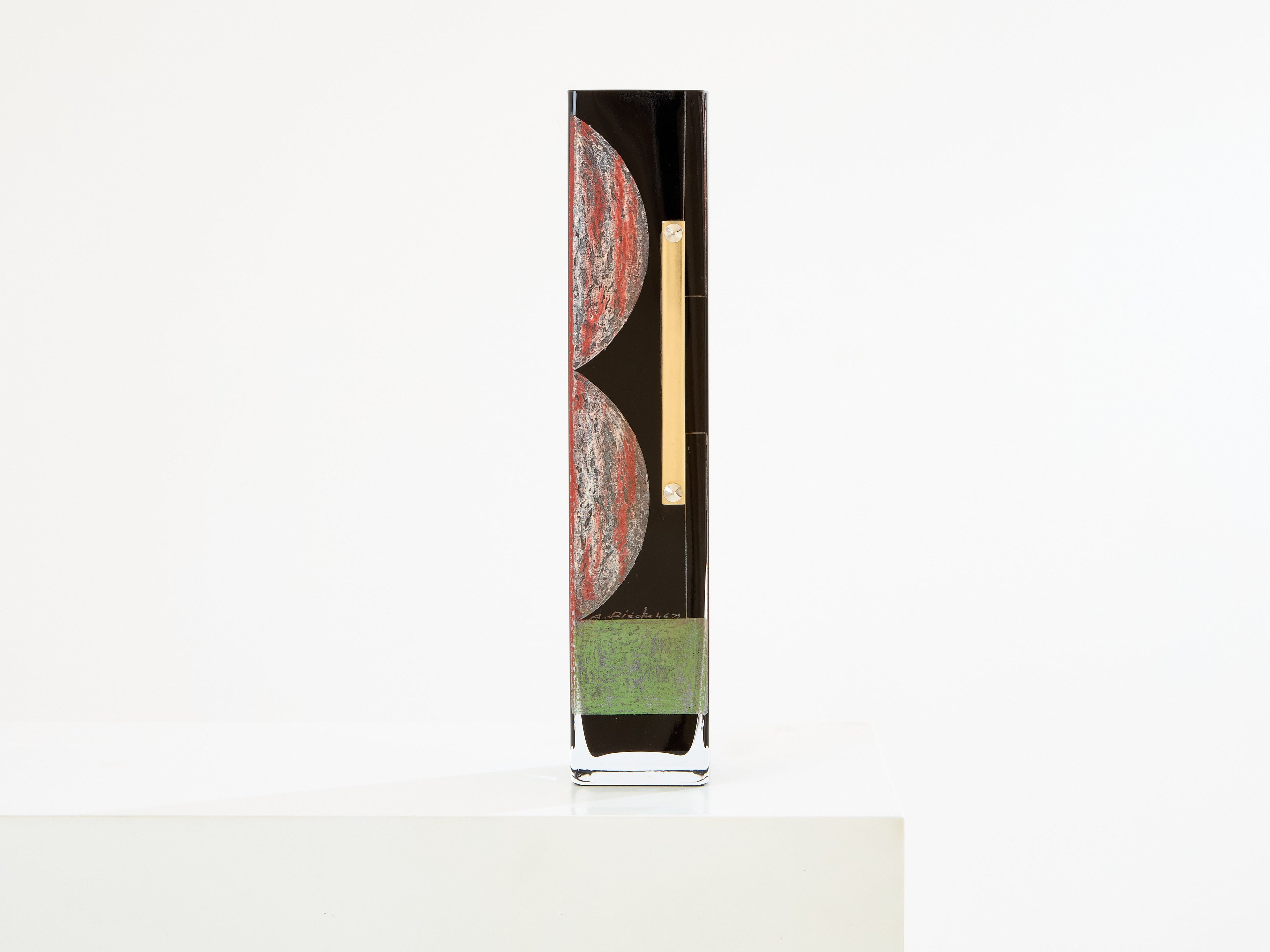 Anatole Riecke Art Deco tall black opaline glass red green vase 1946