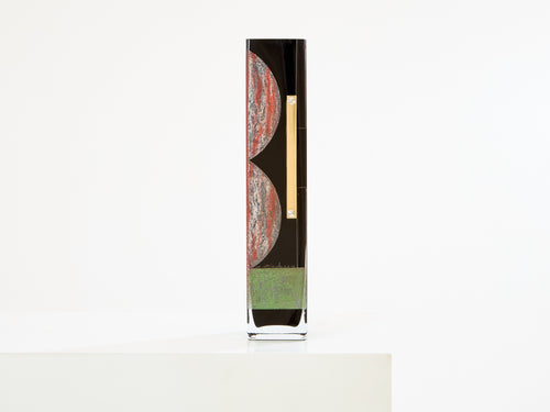 Anatole Riecke Art Deco tall black opaline glass red green vase 1946