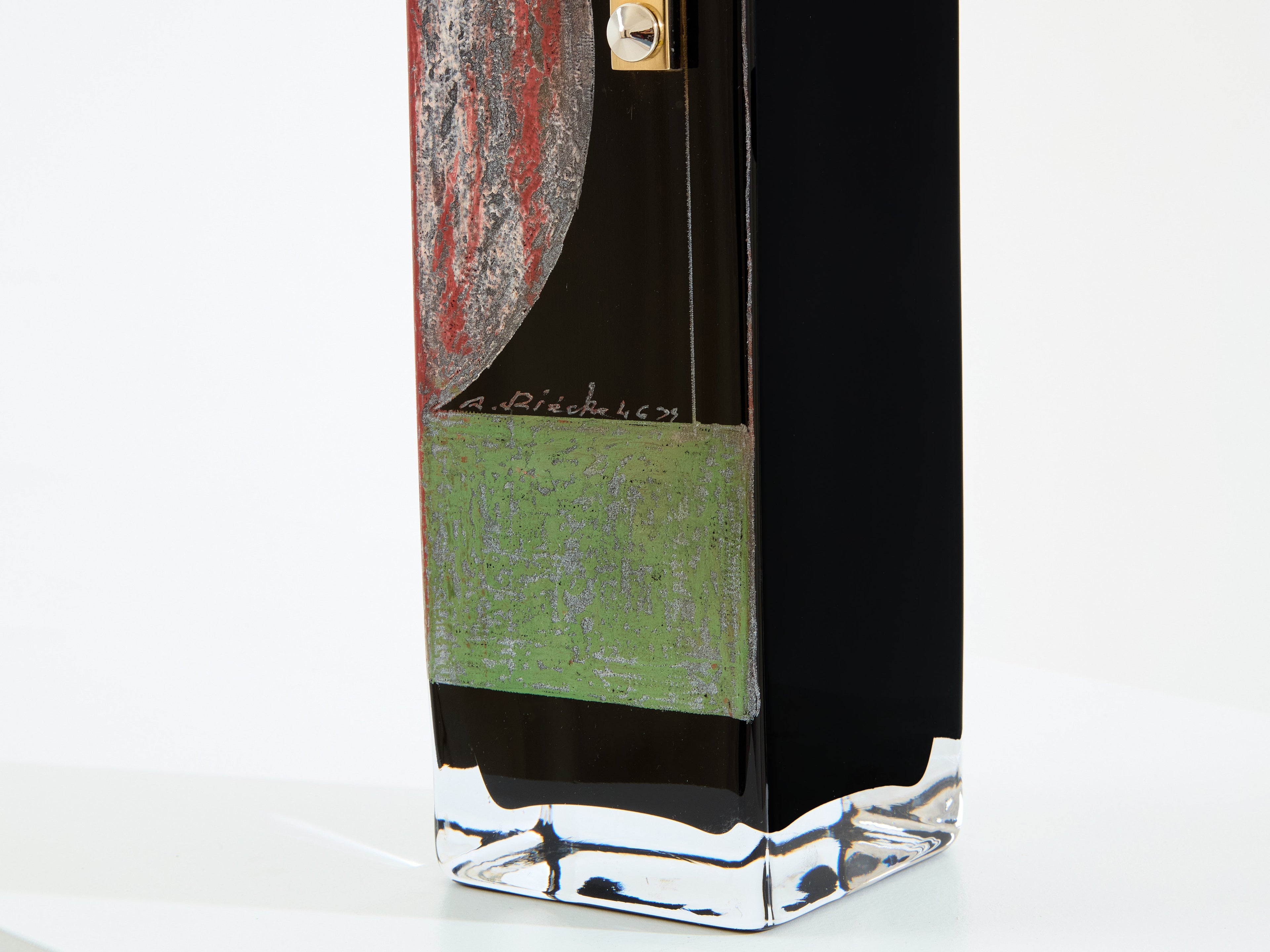 Anatole Riecke Art Deco tall black opaline glass red green vase 1946