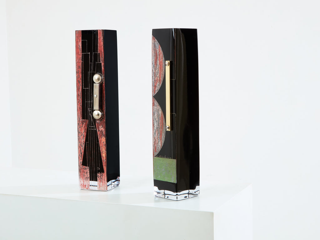 Anatole Riecke Art Deco tall black opaline glass red green vase 1946