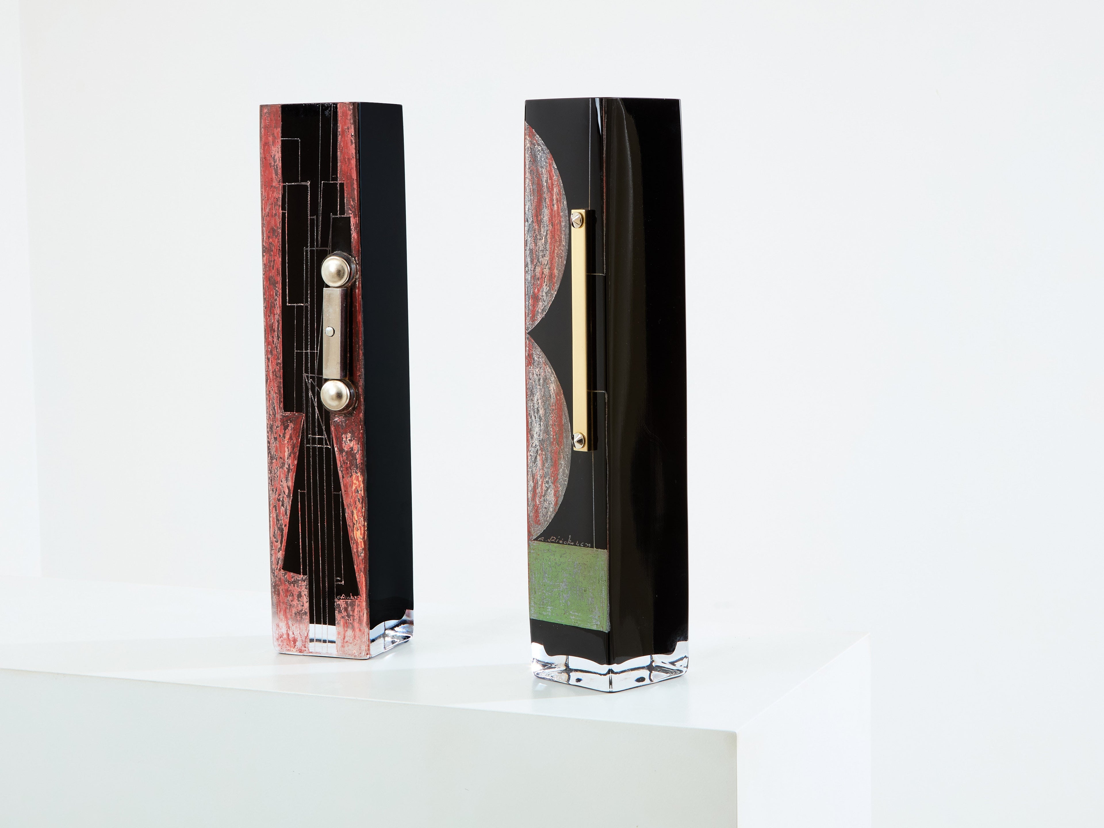 Anatole Riecke Art Deco tall black opaline glass red green vase 1946