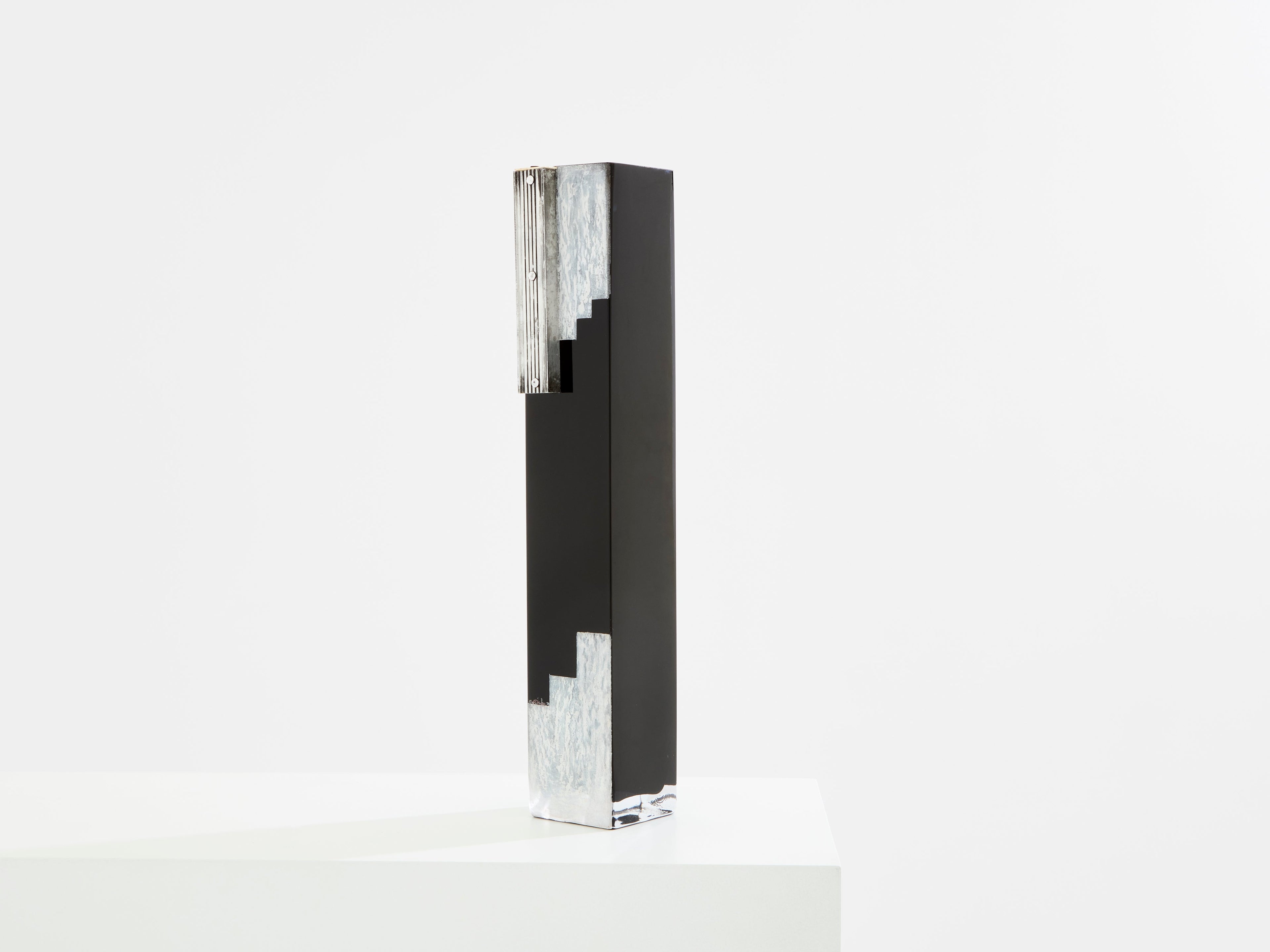 Anatole Riecke Art Deco tall black opaline glass white vase 1939