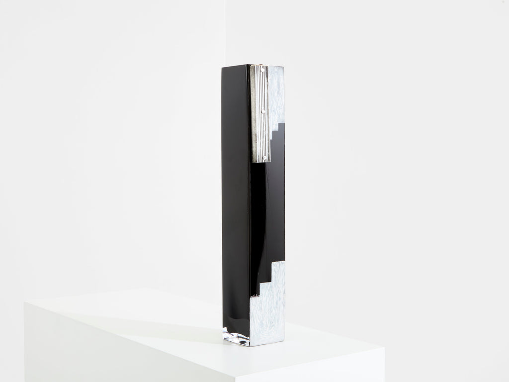 Anatole Riecke Art Deco tall black opaline glass white vase 1939