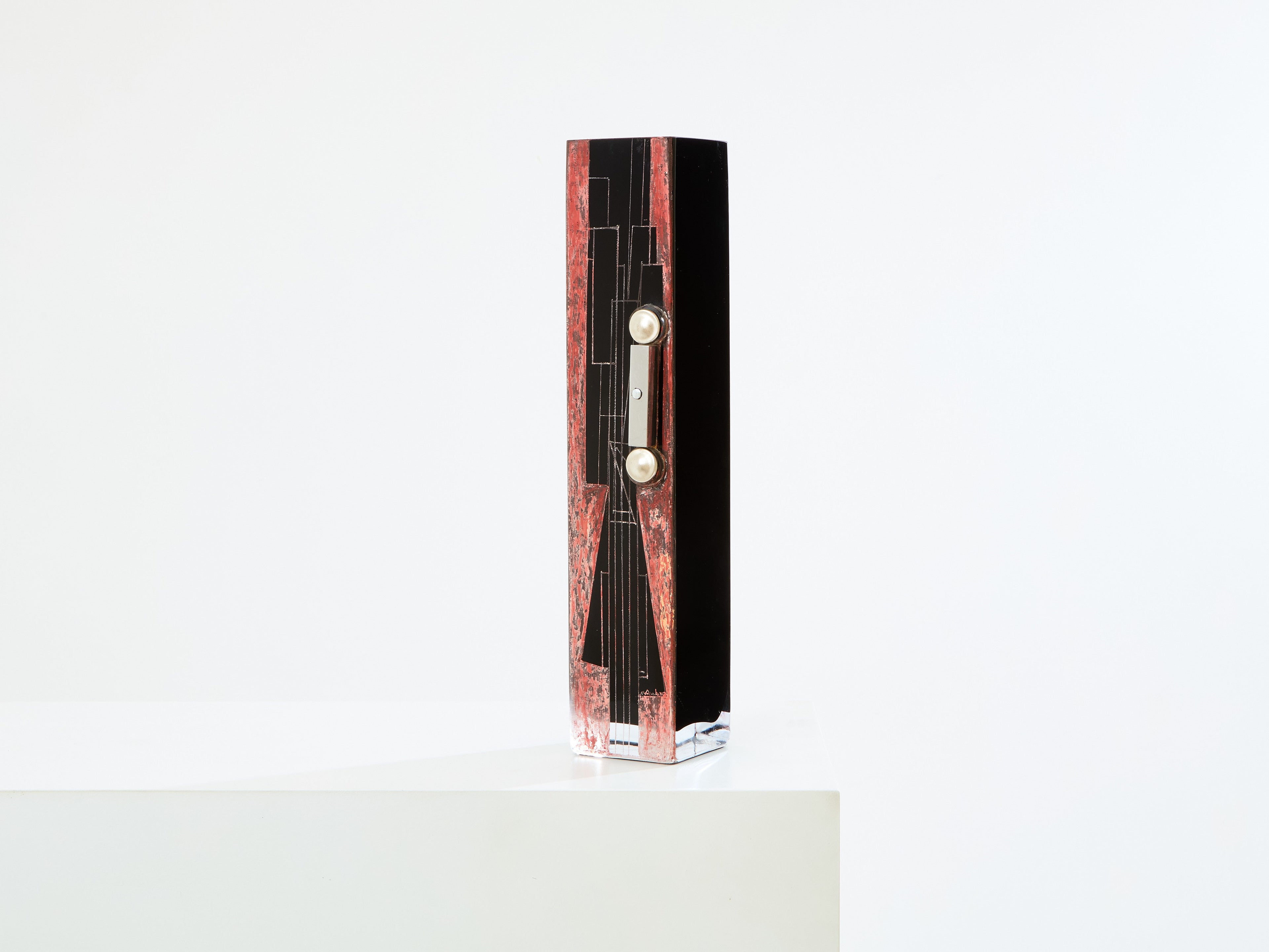 Anatole Riecke French Art Deco tall black opaline glass red vase 1938