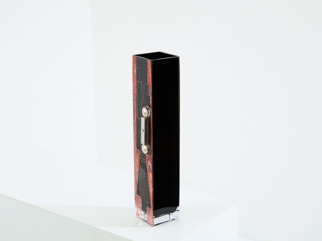 Anatole Riecke French Art Deco tall black opaline glass red vase 1938