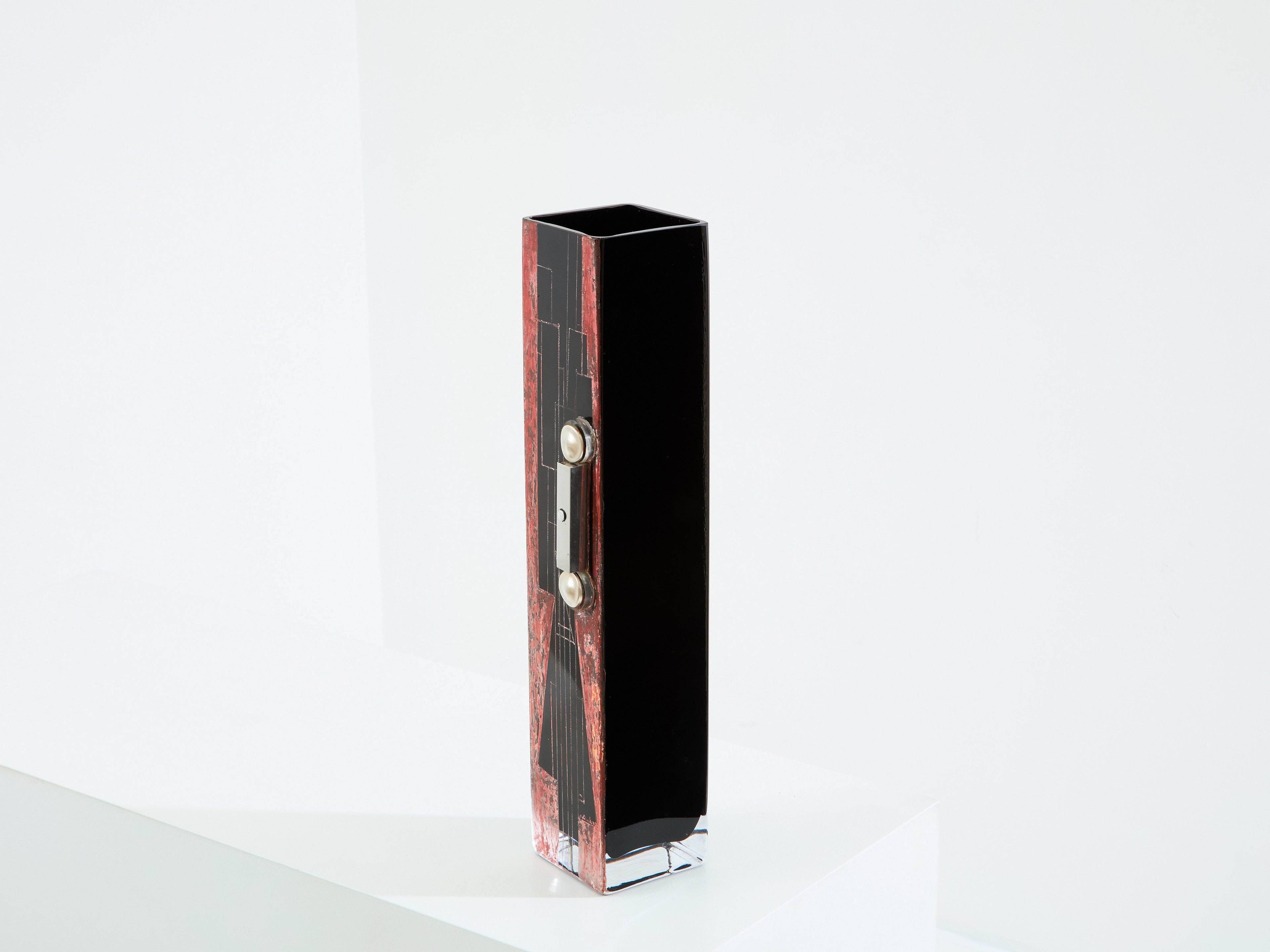 Anatole Riecke French Art Deco tall black opaline glass red vase 1938