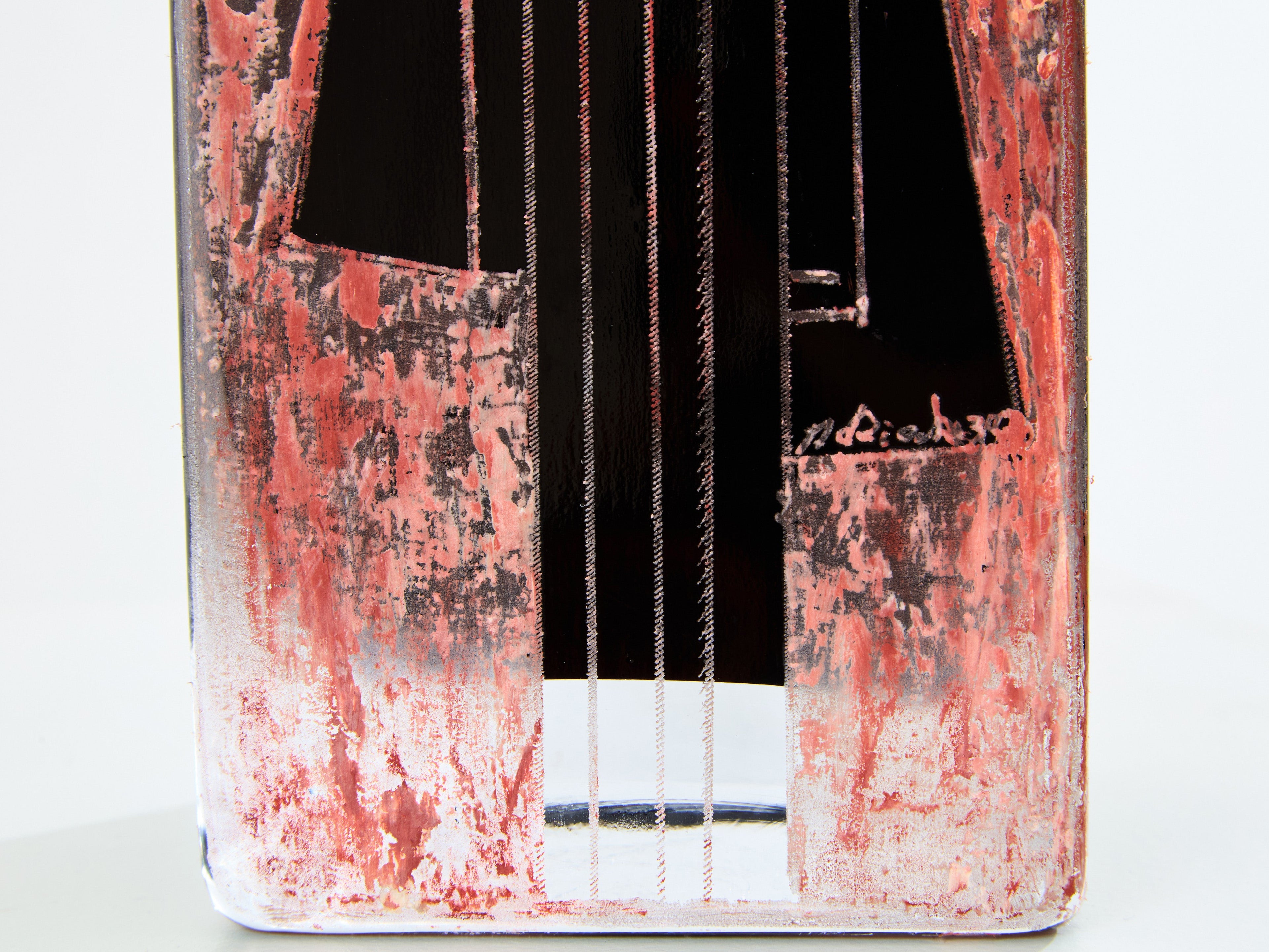 Anatole Riecke French Art Deco tall black opaline glass red vase 1938