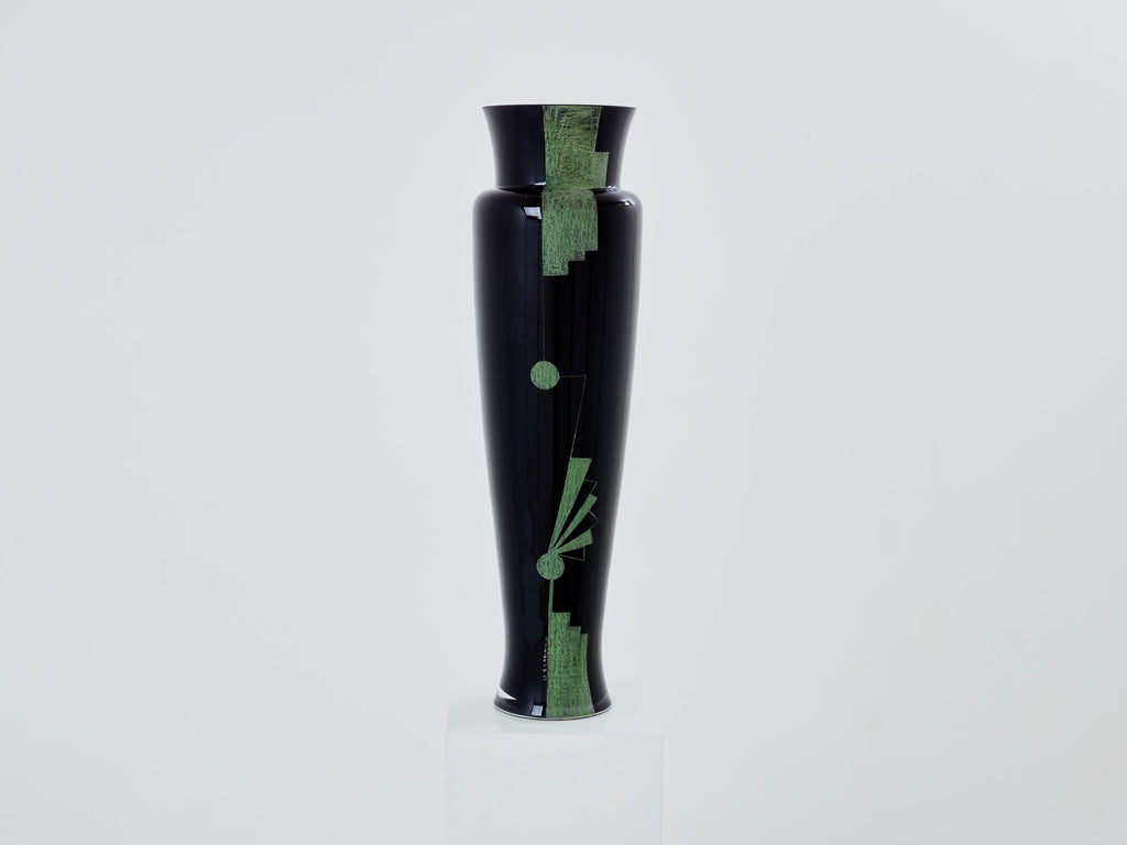 Anatole Riecke French Art Deco tall black opaline glass vase 1951