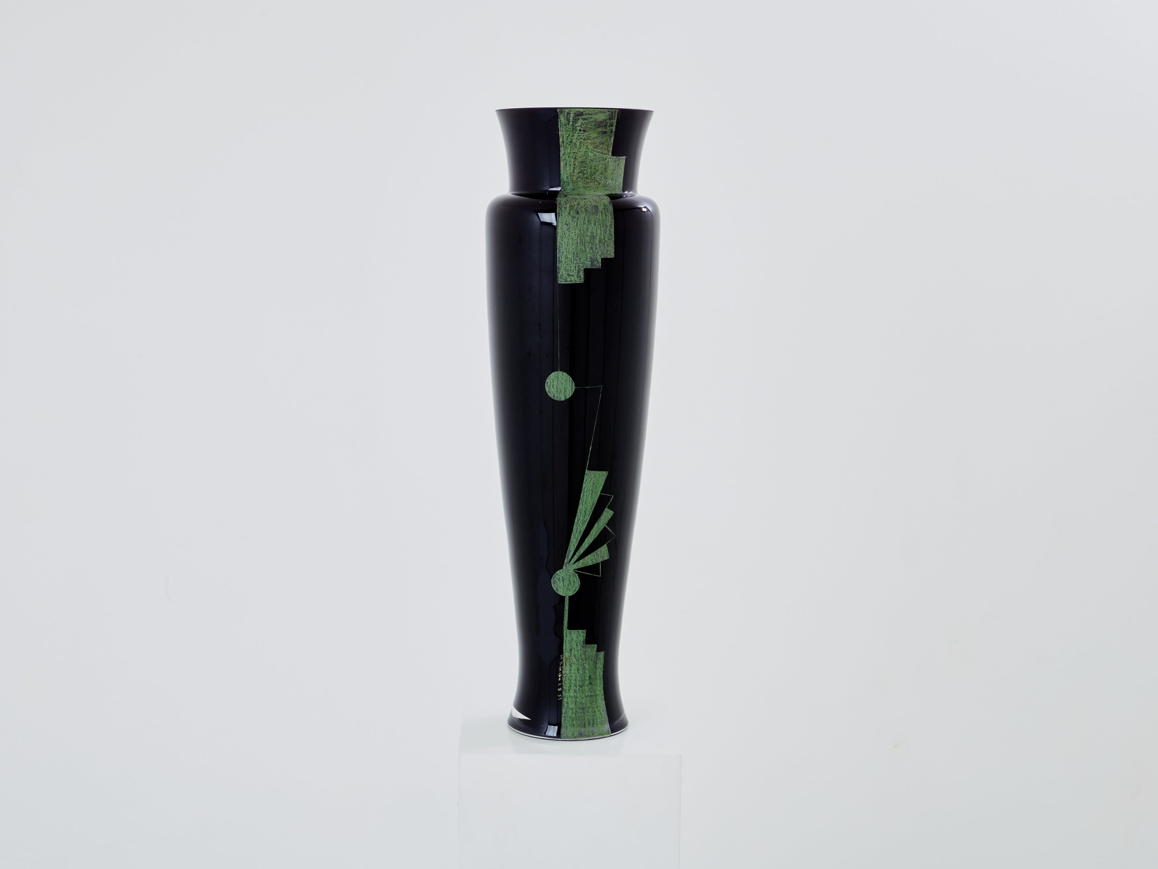 Anatole Riecke French Art Deco tall black opaline glass vase 1951