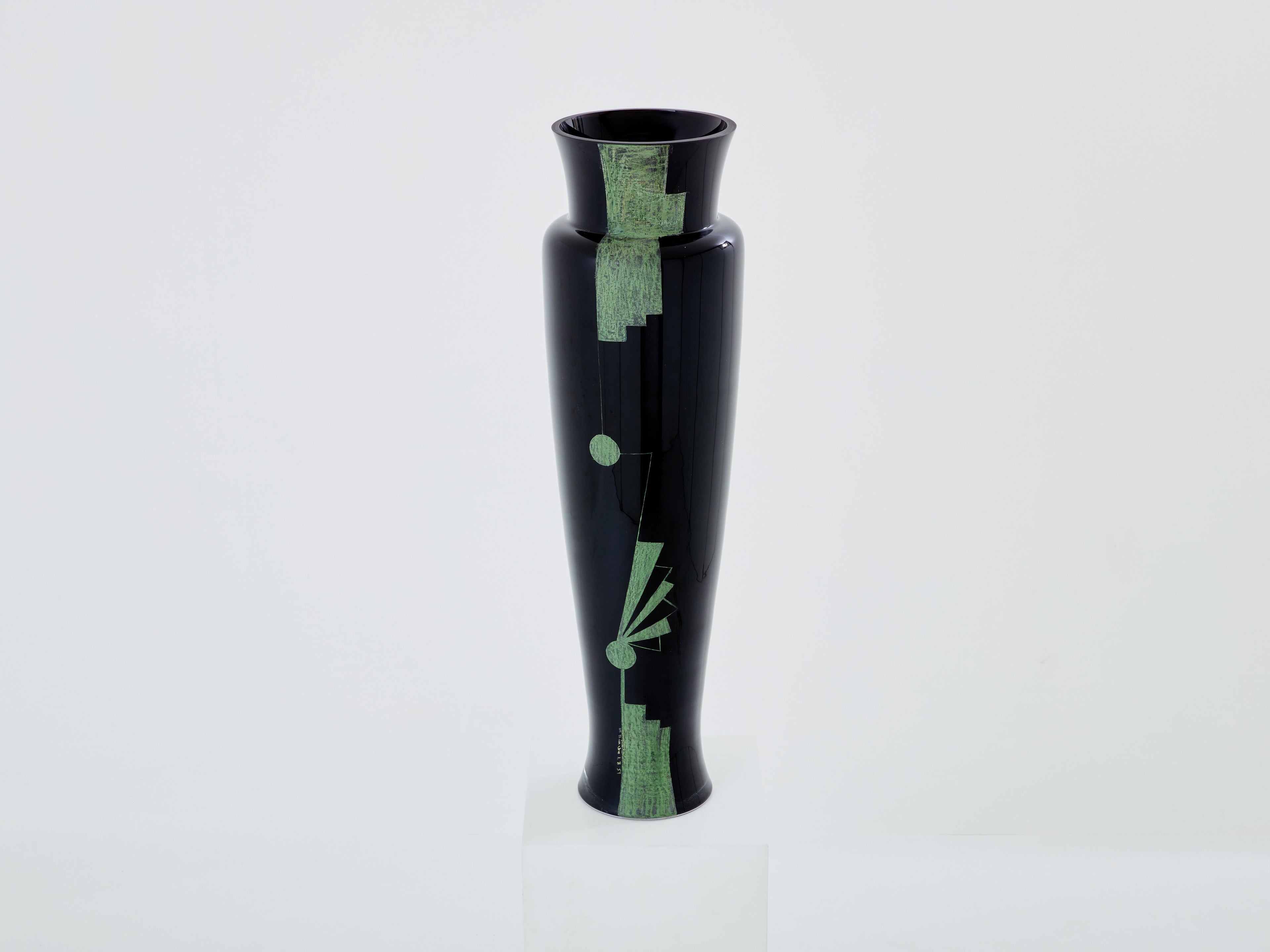 Anatole Riecke French Art Deco tall black opaline glass vase 1951