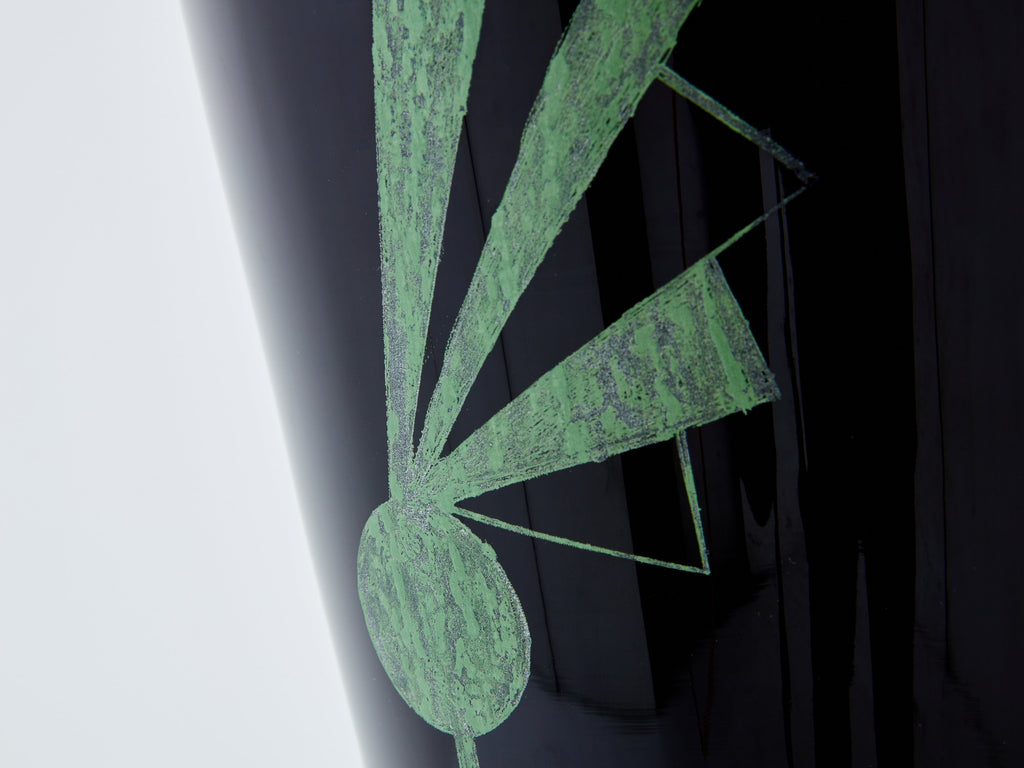 Anatole Riecke French Art Deco tall black opaline glass vase 1951