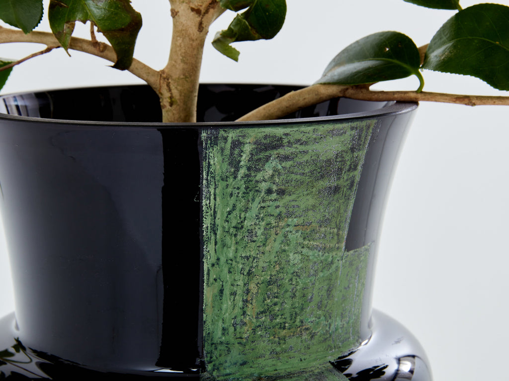 Anatole Riecke French Art Deco tall black opaline glass vase 1951