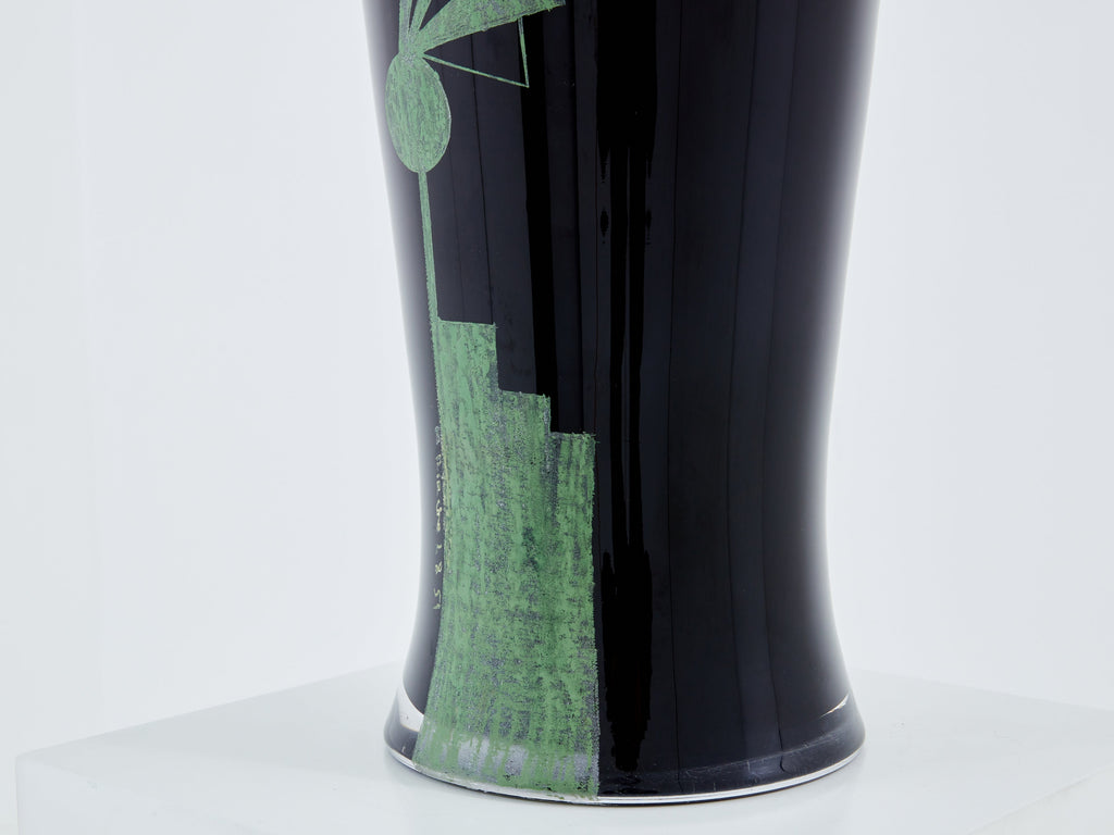 Anatole Riecke French Art Deco tall black opaline glass vase 1951
