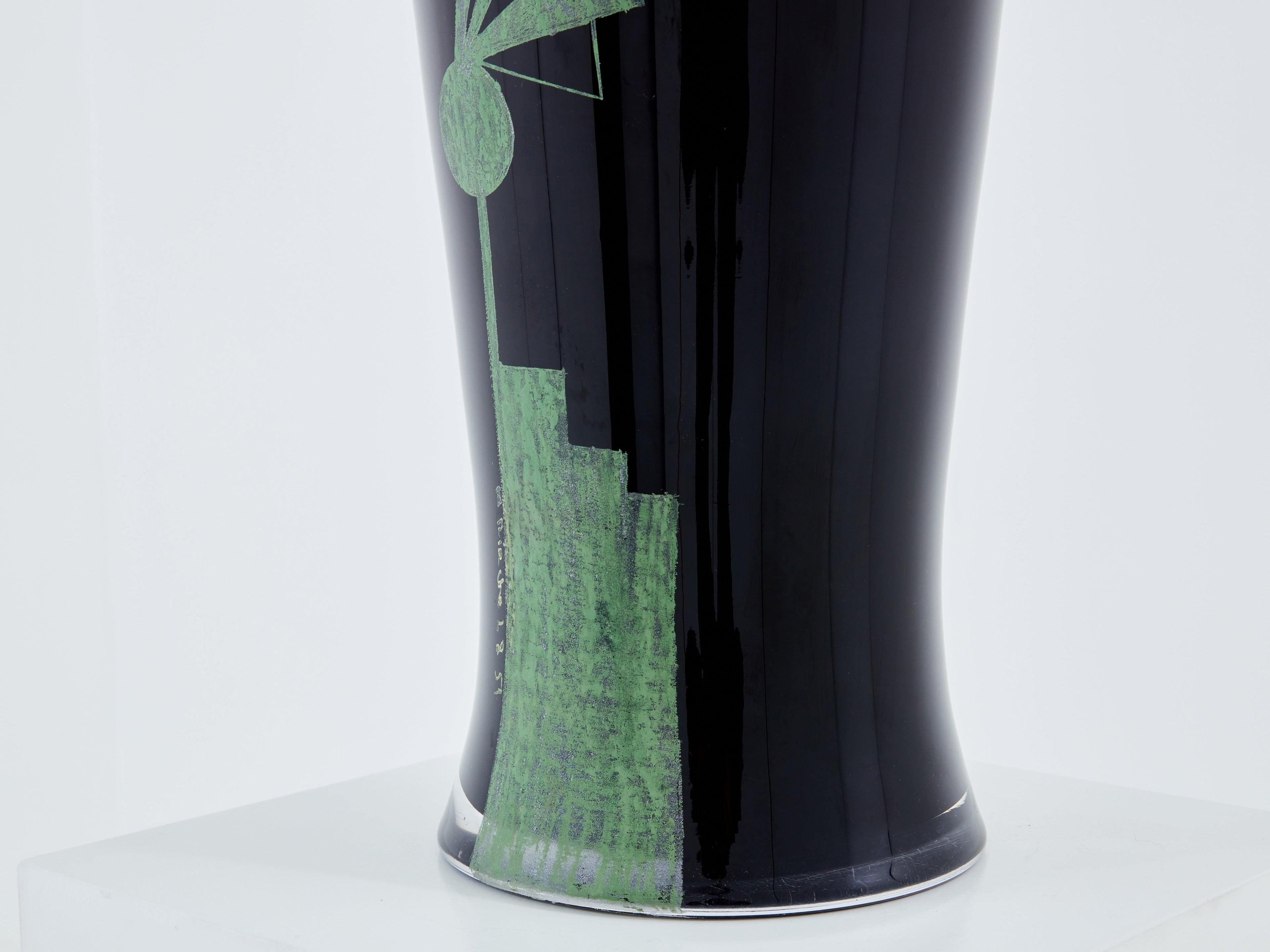 Anatole Riecke French Art Deco tall black opaline glass vase 1951