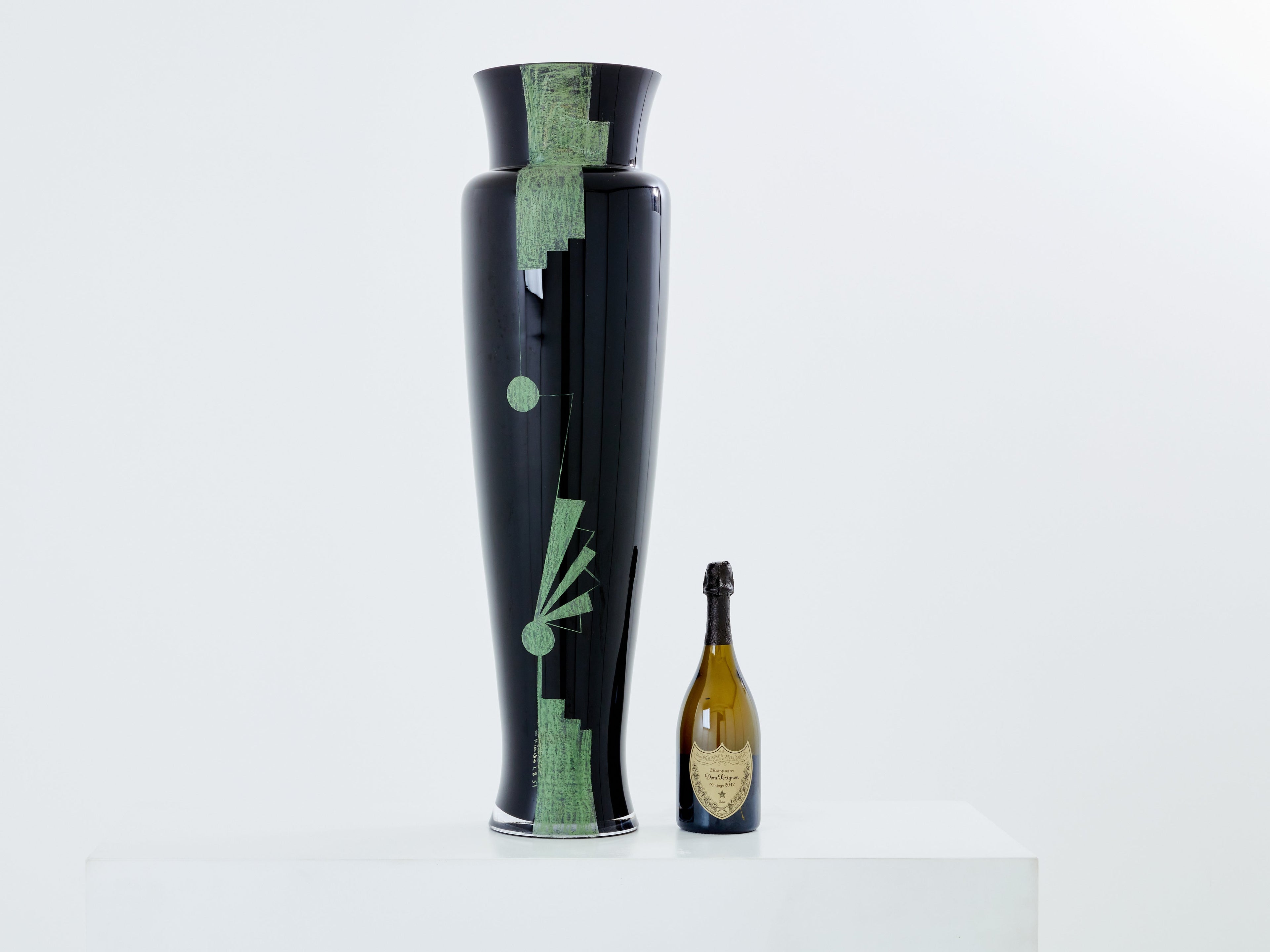 Anatole Riecke French Art Deco tall black opaline glass vase 1951