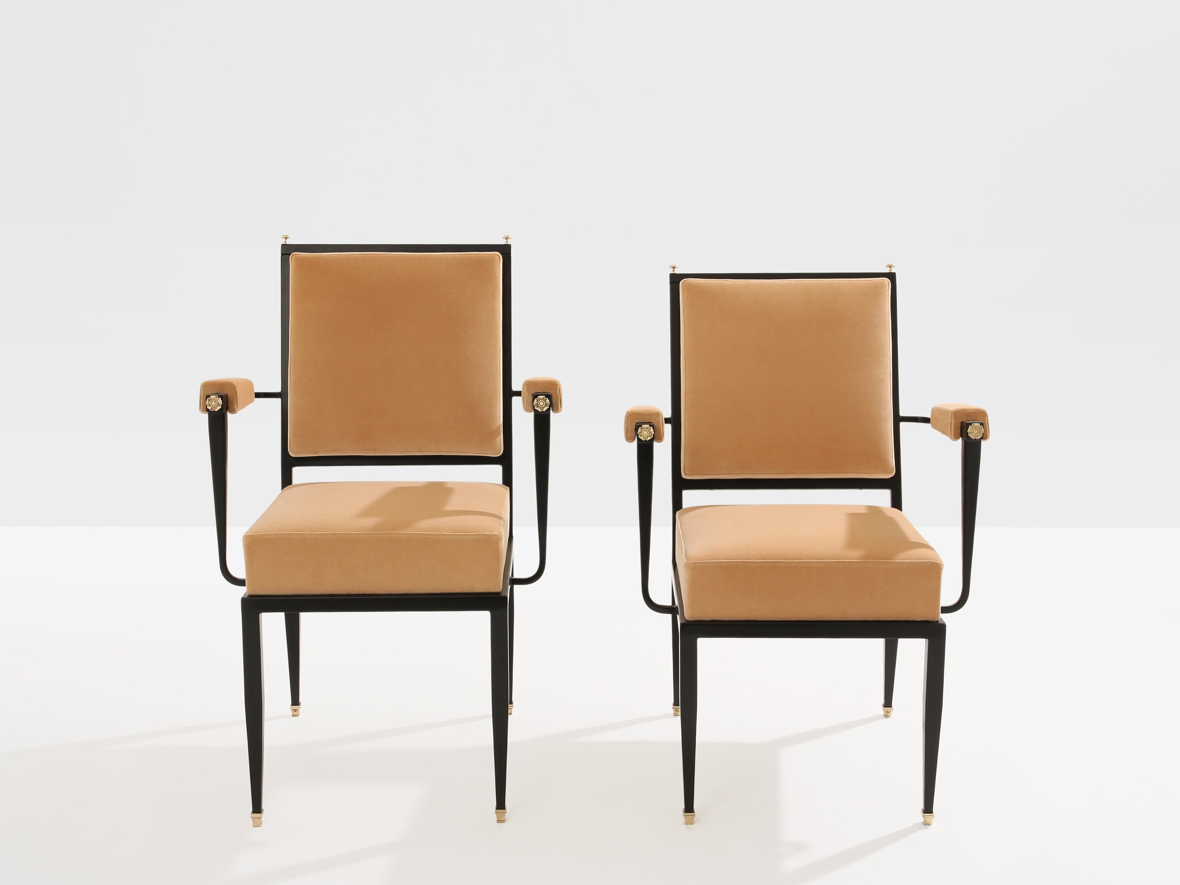 André Arbus attr. two metal bronze velvet neoclassical armchairs 1940s
