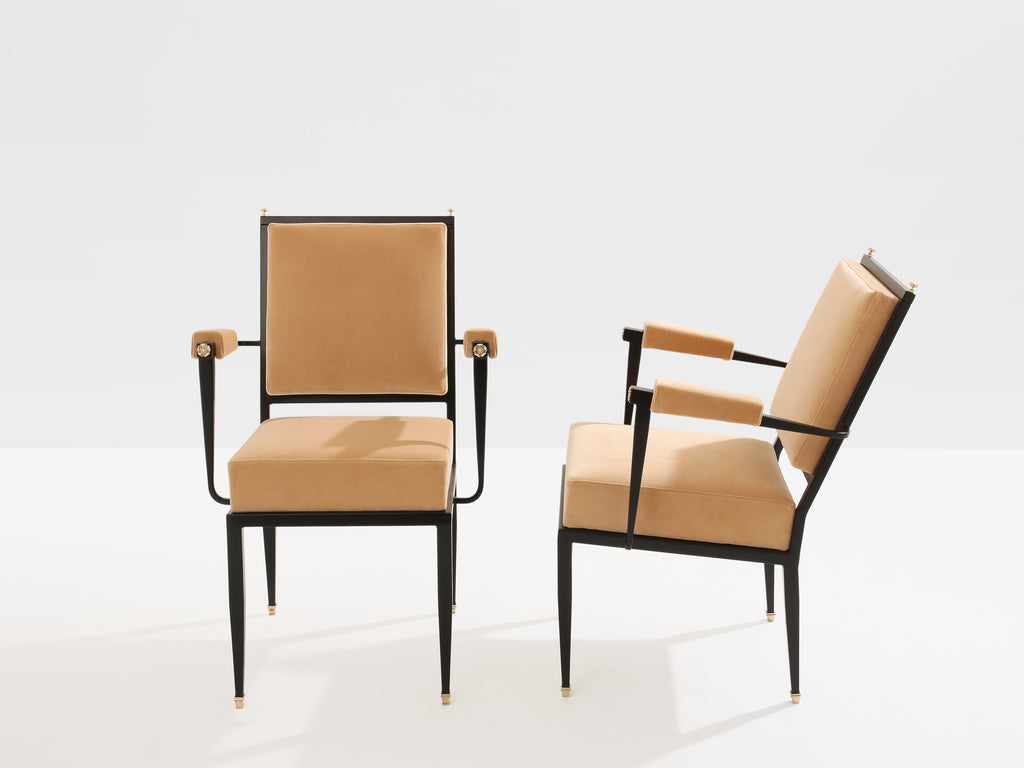André Arbus attr. two metal bronze velvet neoclassical armchairs 1940s