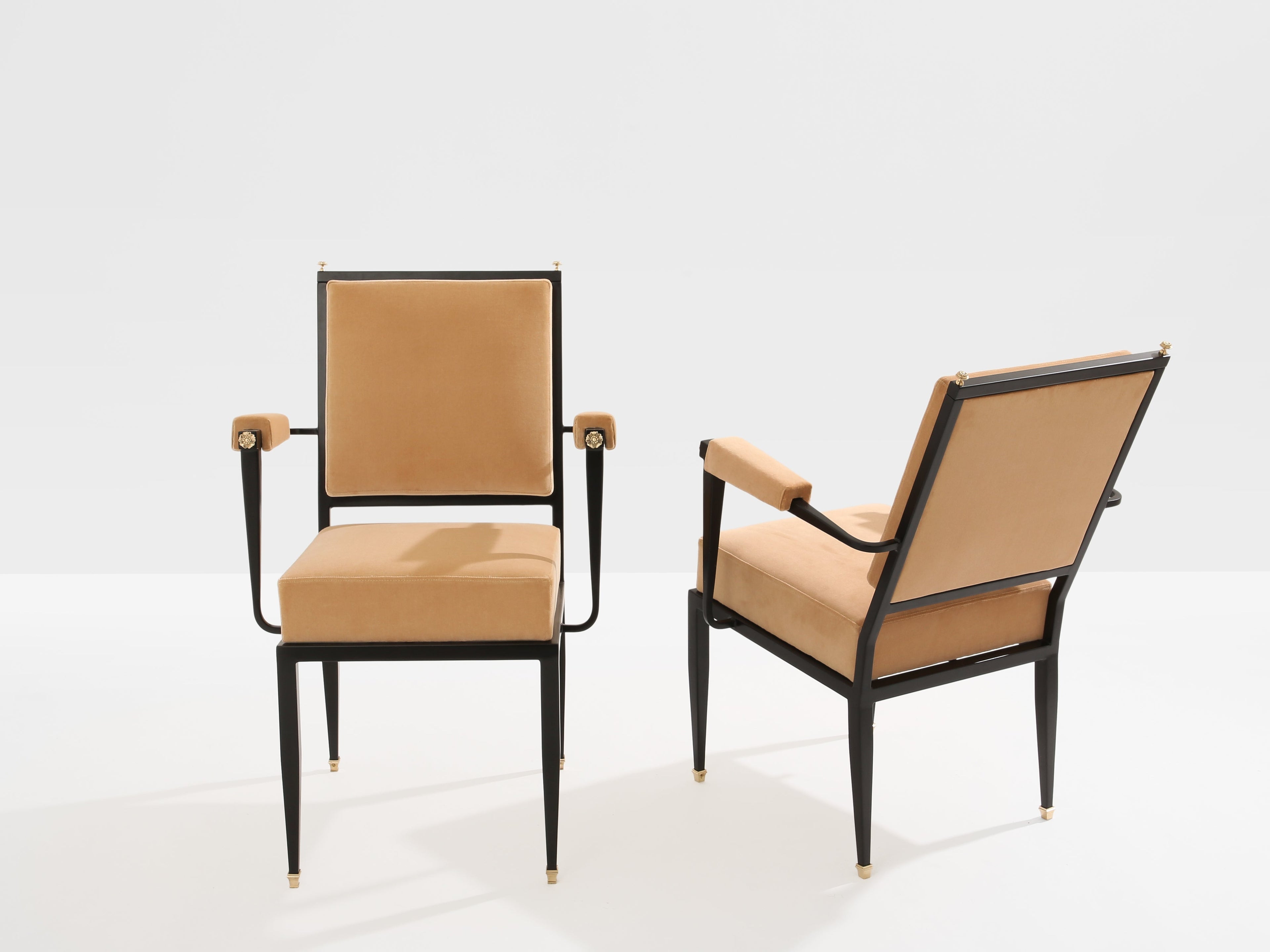 André Arbus attr. two metal bronze velvet neoclassical armchairs 1940s