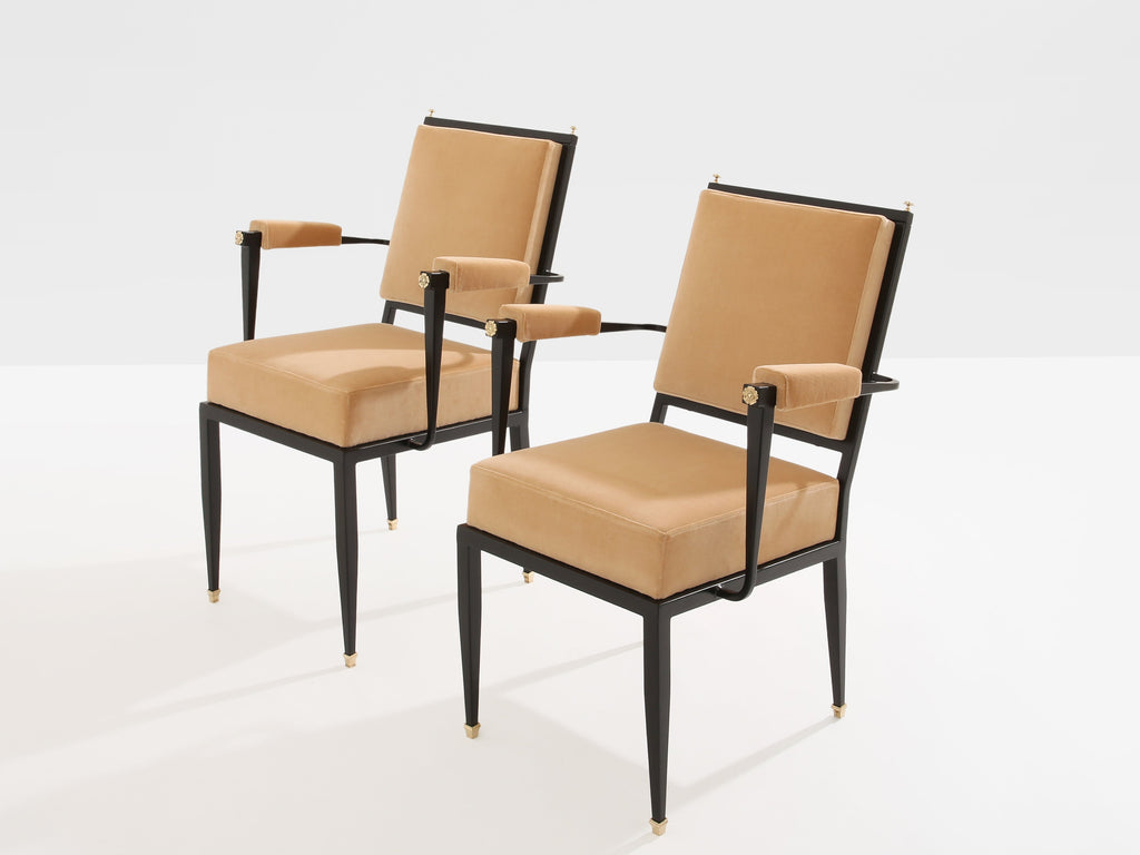 André Arbus attr. two metal bronze velvet neoclassical armchairs 1940s