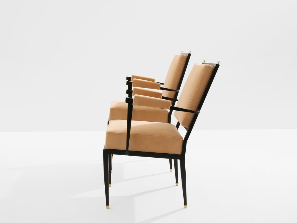 André Arbus attr. two metal bronze velvet neoclassical armchairs 1940s