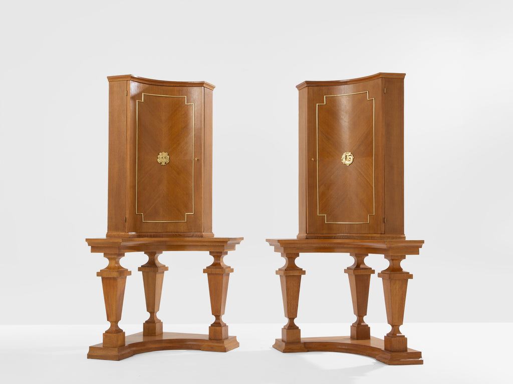 André Arbus attr. pair of corner cabinets oak veneer and bronze 1940s