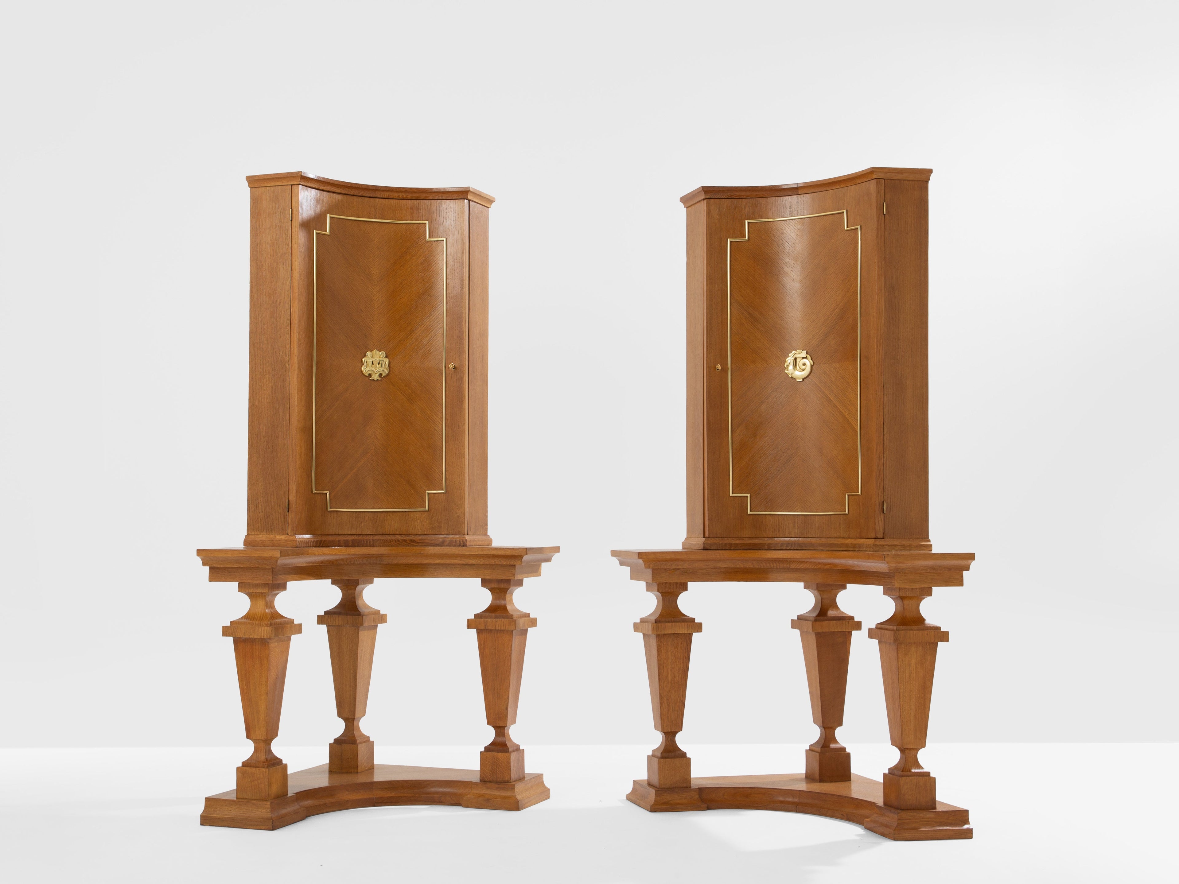 André Arbus attr. pair of corner cabinets oak veneer and bronze 1940s