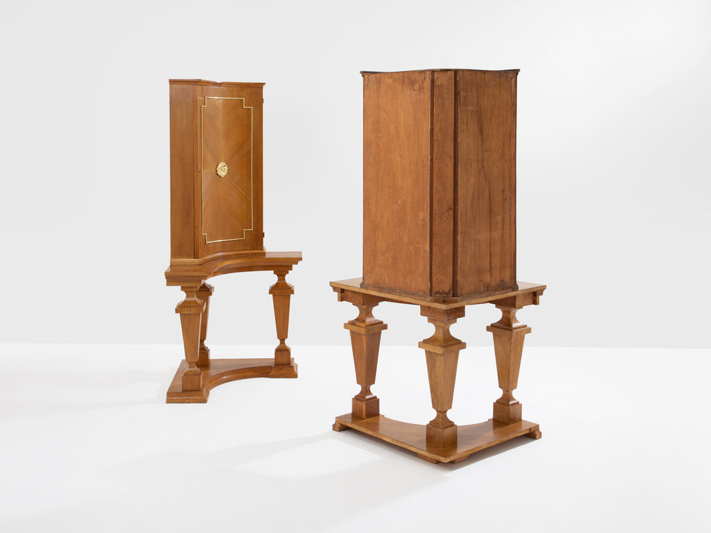 André Arbus attr. pair of corner cabinets oak veneer and bronze 1940s