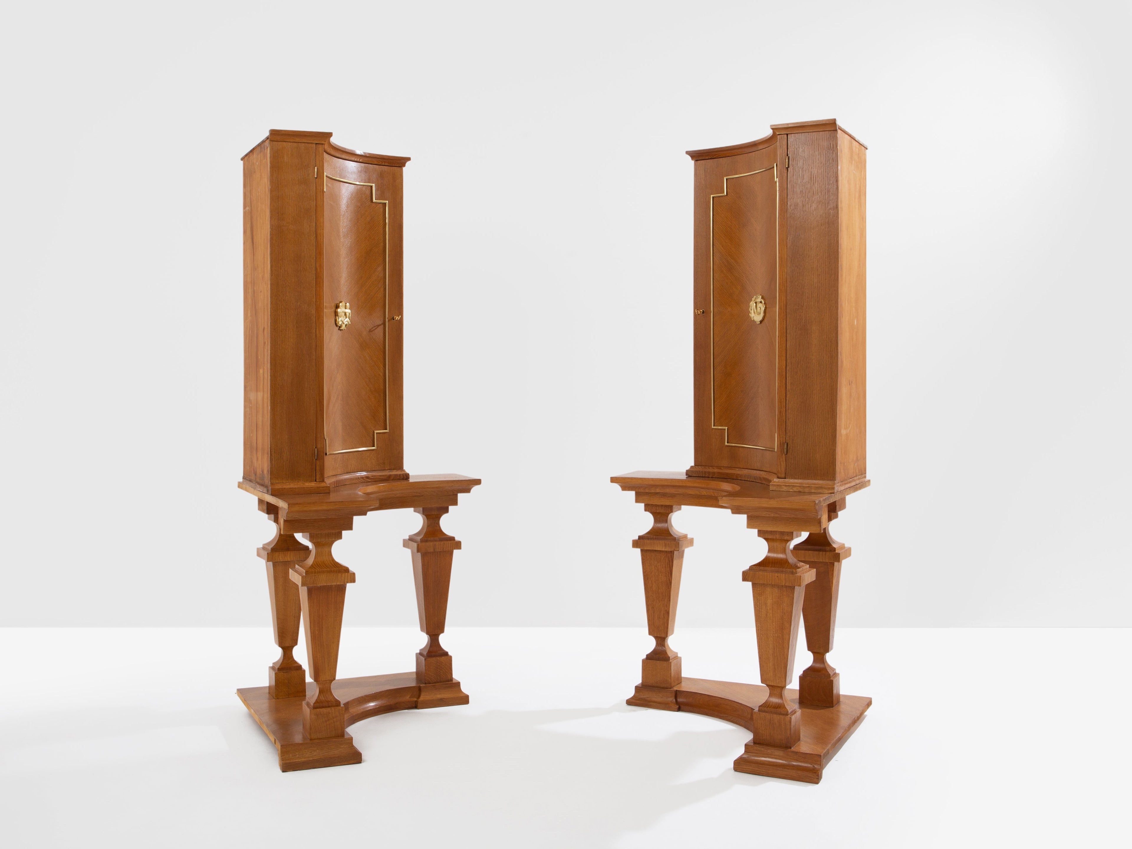 André Arbus attr. pair of corner cabinets oak veneer and bronze 1940s
