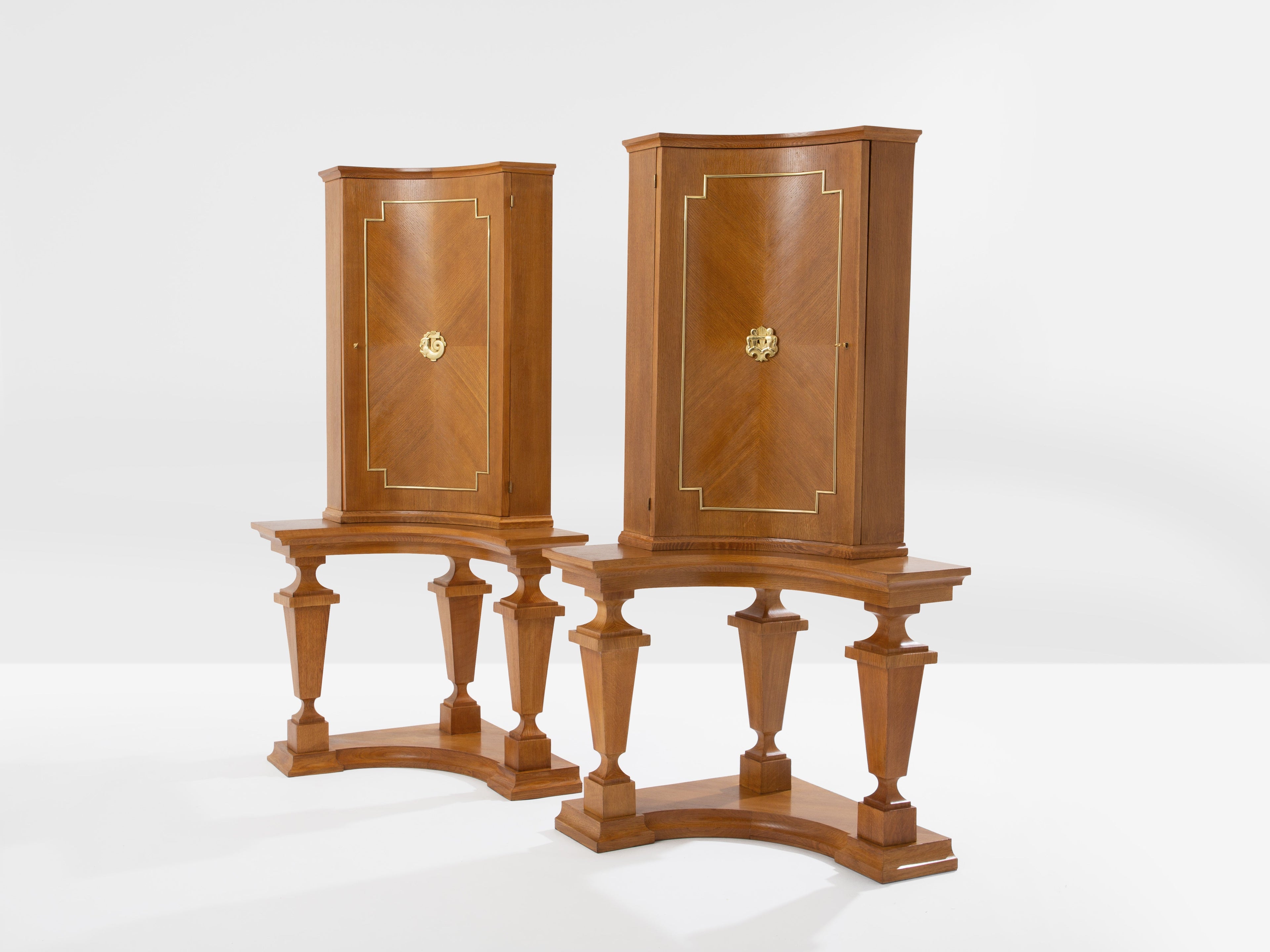 André Arbus attr. pair of corner cabinets oak veneer and bronze 1940s