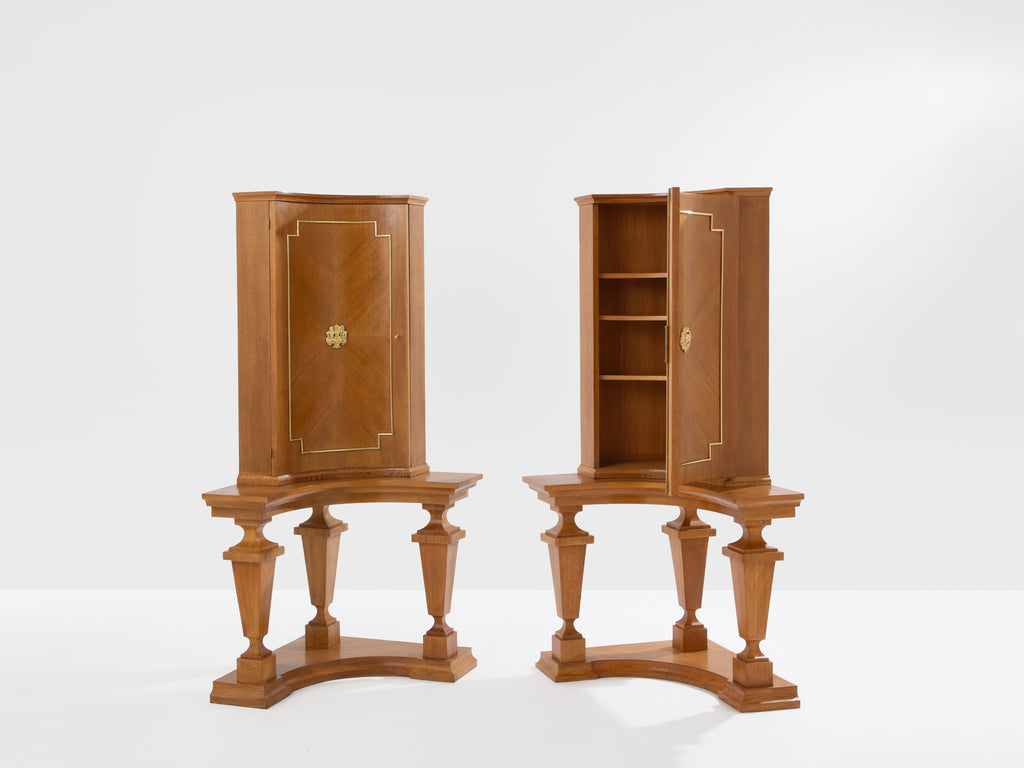 André Arbus attr. pair of corner cabinets oak veneer and bronze 1940s