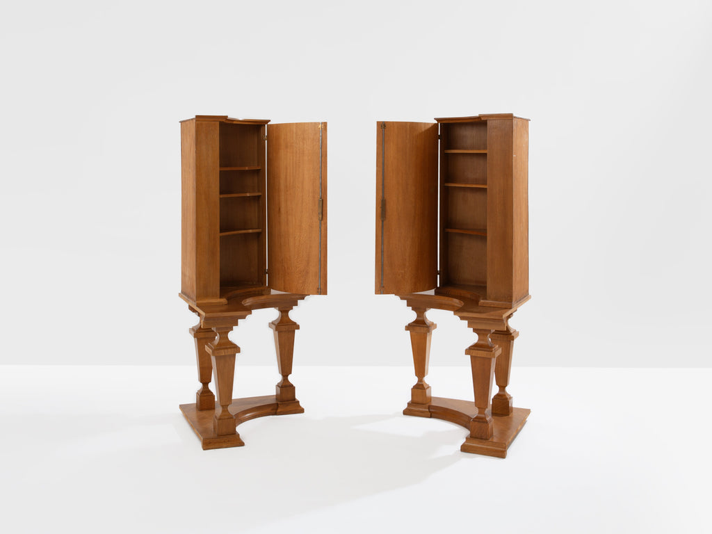 André Arbus attr. pair of corner cabinets oak veneer and bronze 1940s